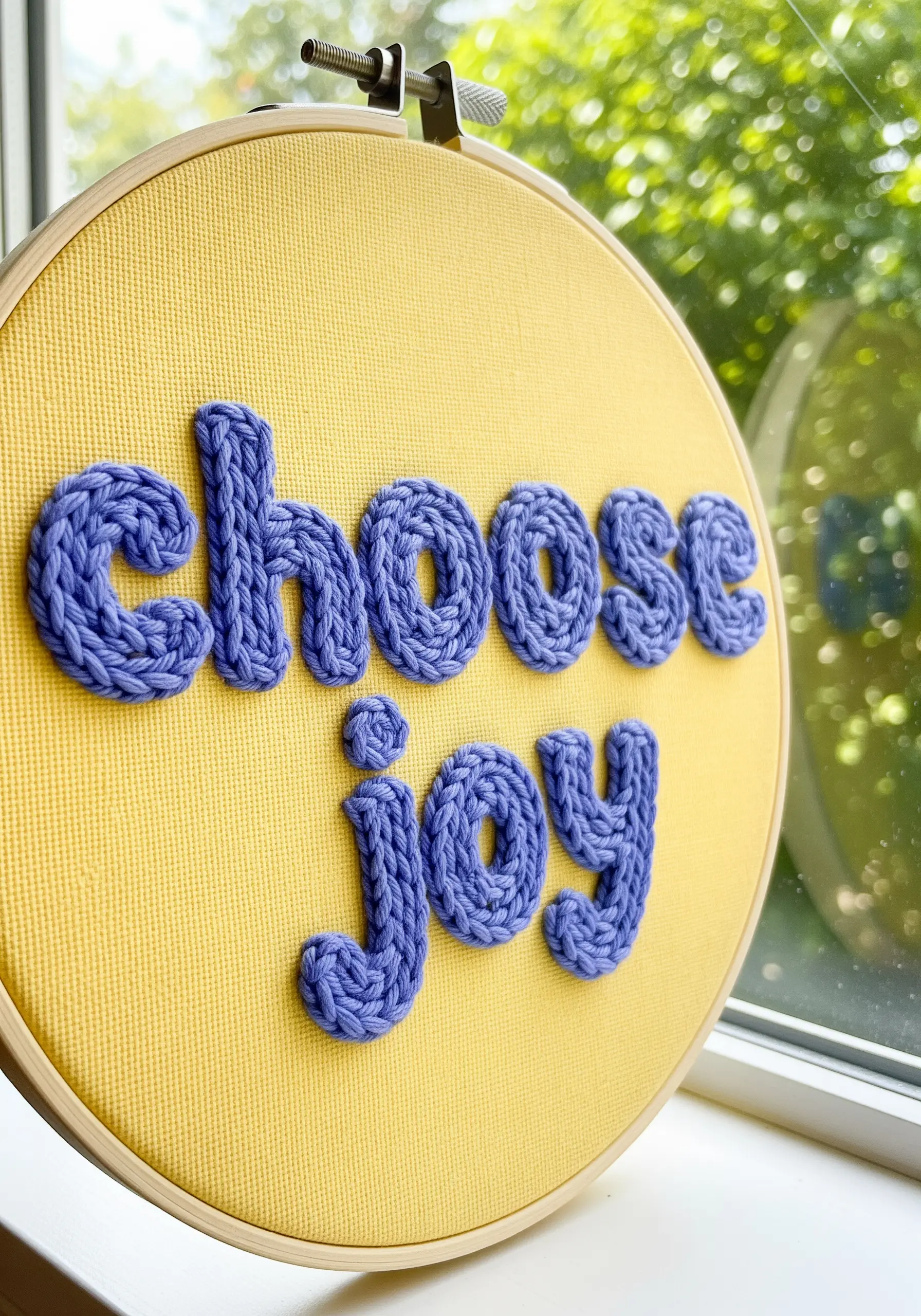 Highly textured purple lettering with a braided, knitted look