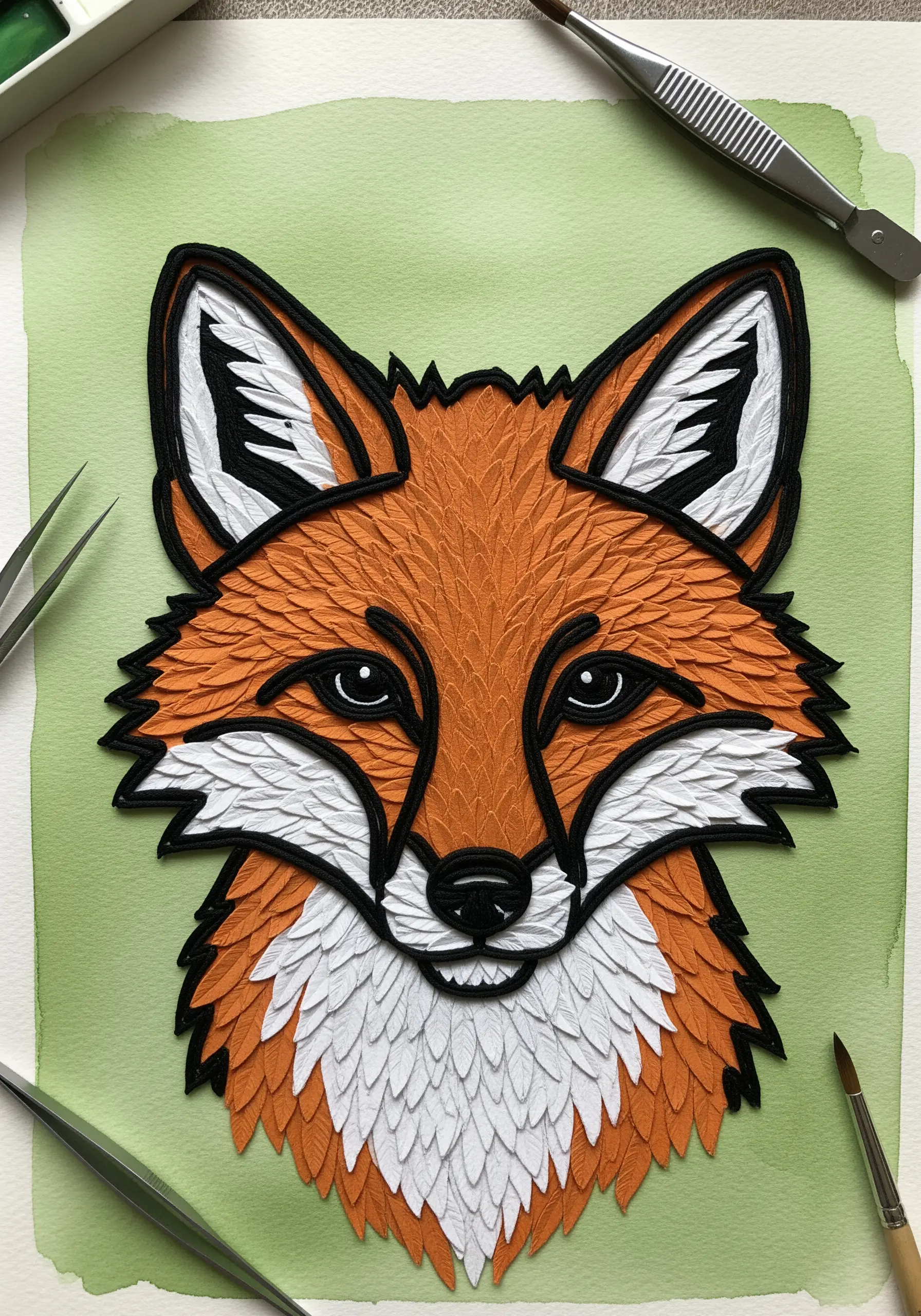 A fox portrait created with individually cut and layered paper pieces to simulate fur.