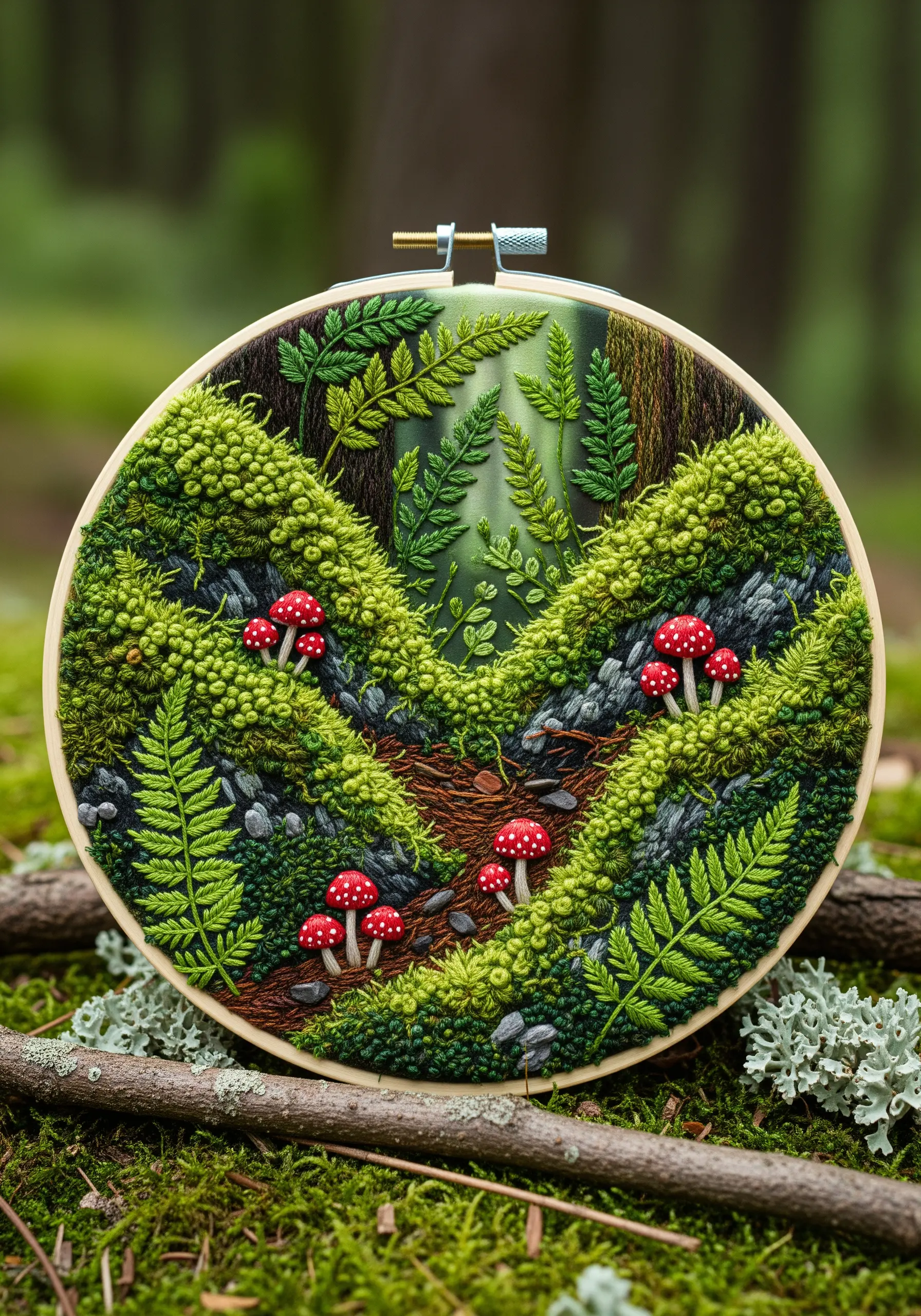 Highly textured embroidery of a mossy forest floor with red mushrooms and ferns.