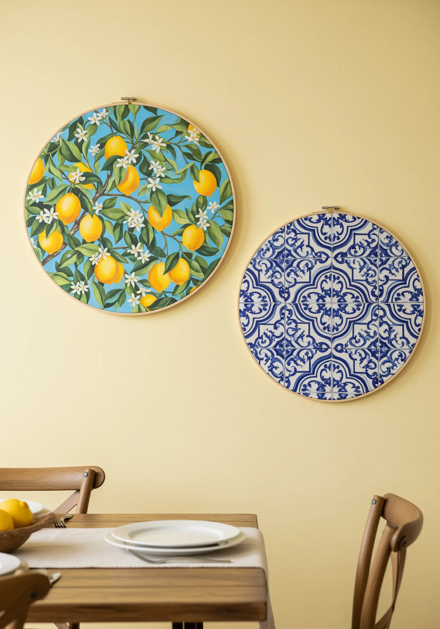 Two embroidery hoops on a yellow wall; one with lemons and one with a blue tile pattern.