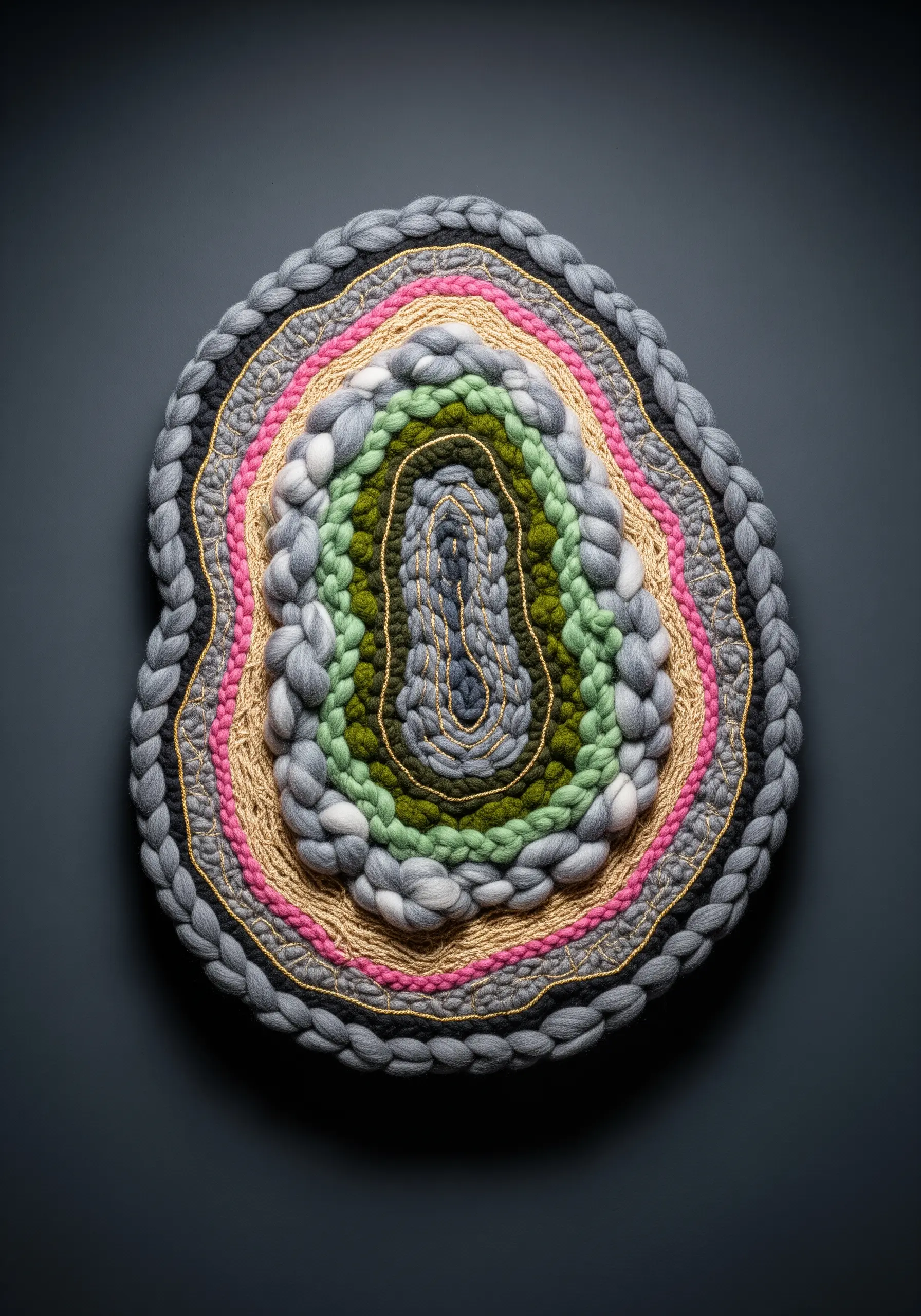 Fiber art resembling a geode, with gray braids, pink and green roving, and gold thread