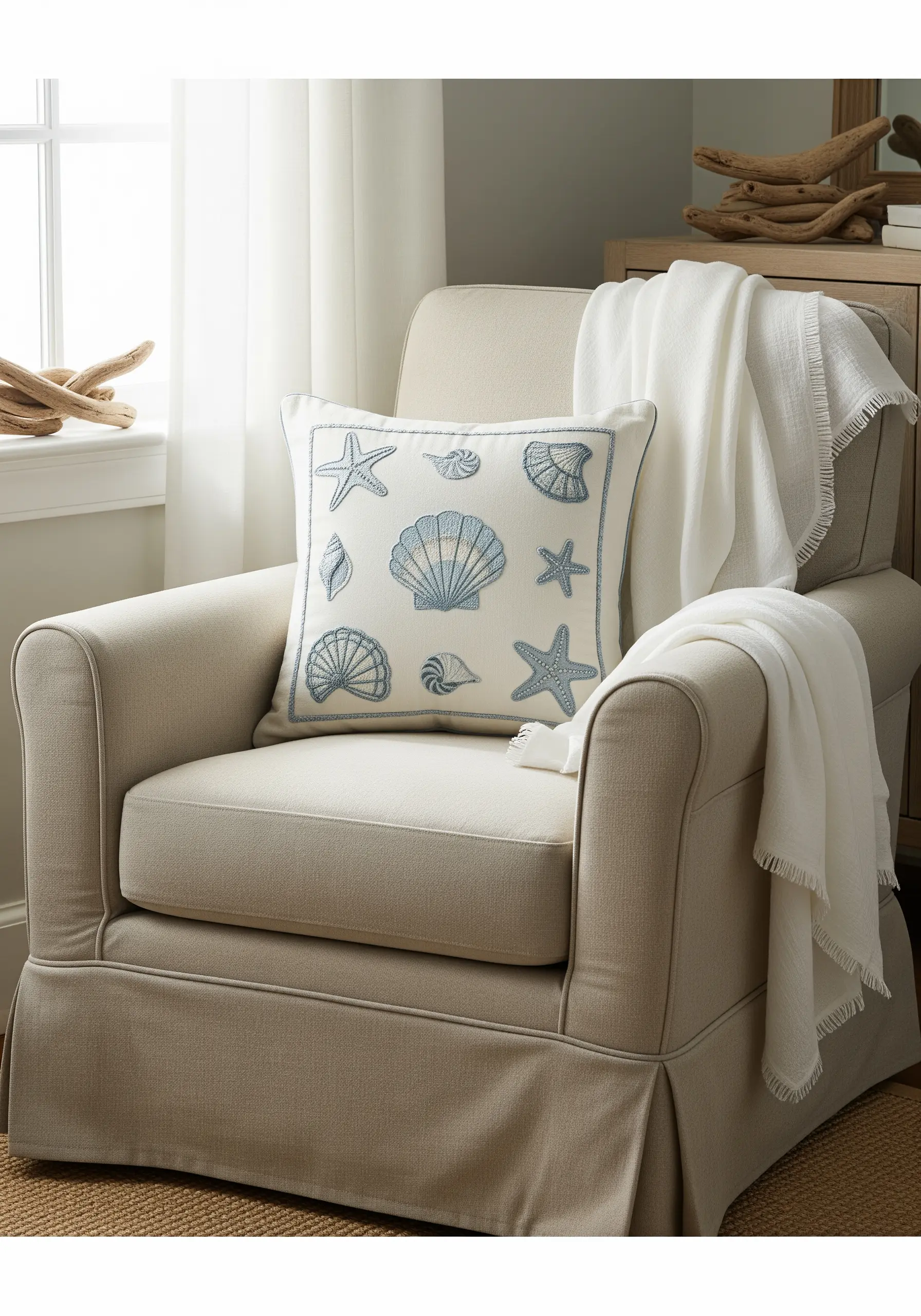 Embroidered seashells with directional satin stitches in shades of blue.