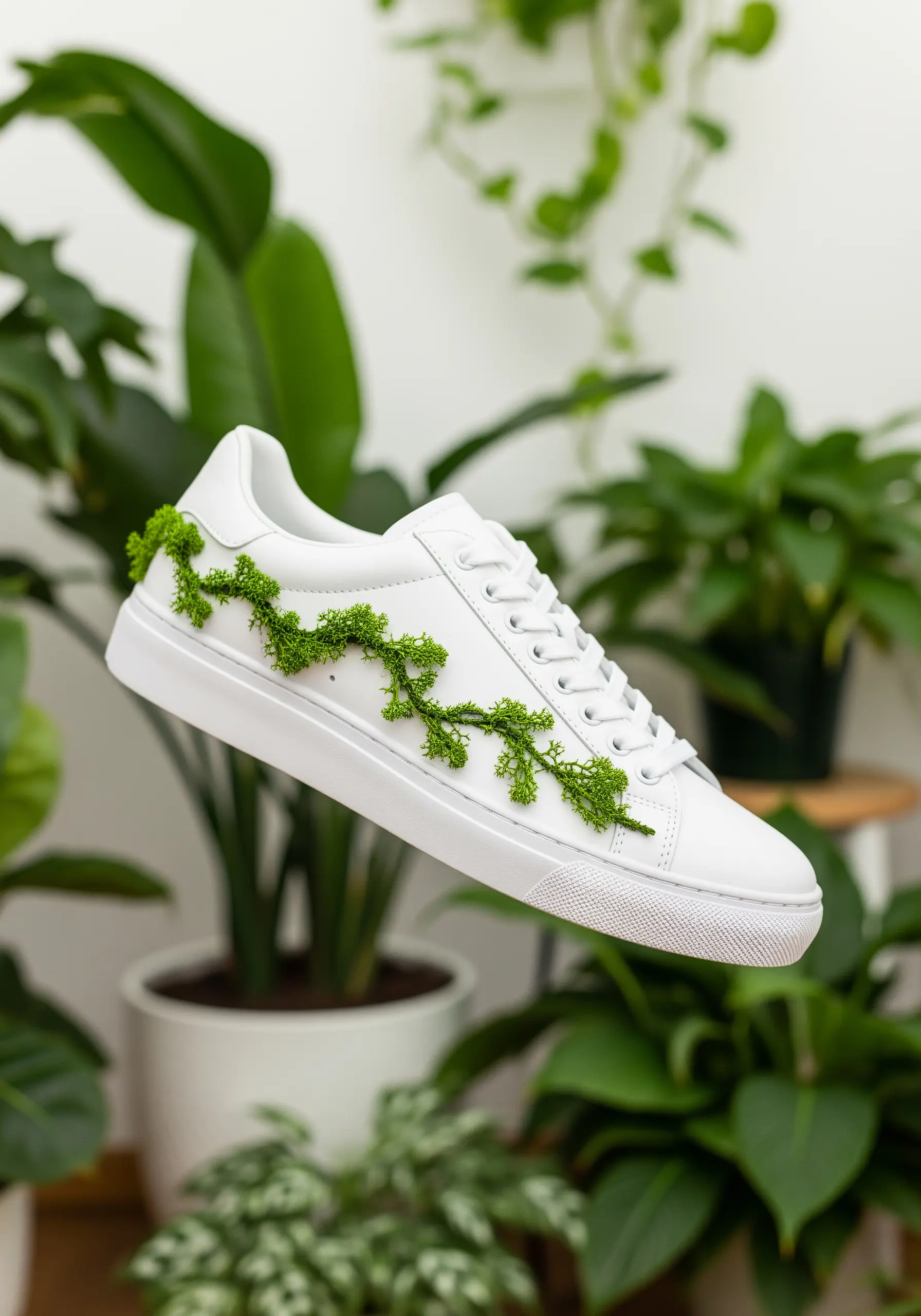 A textured, mossy green vine made with a 3D embroidery stitch on a white sneaker.