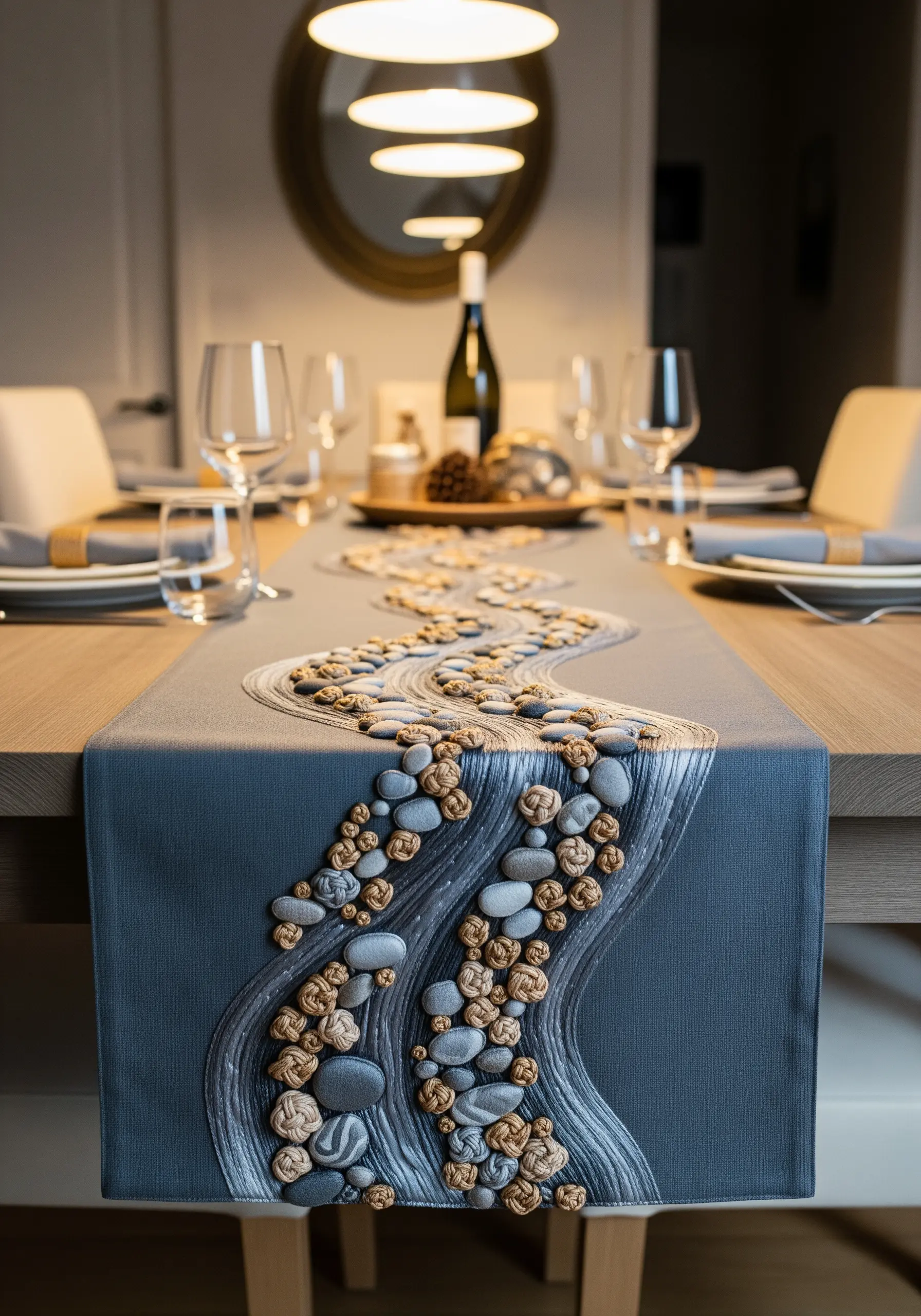 A gray table runner with an embroidered river of 3D knots resembling pebbles.