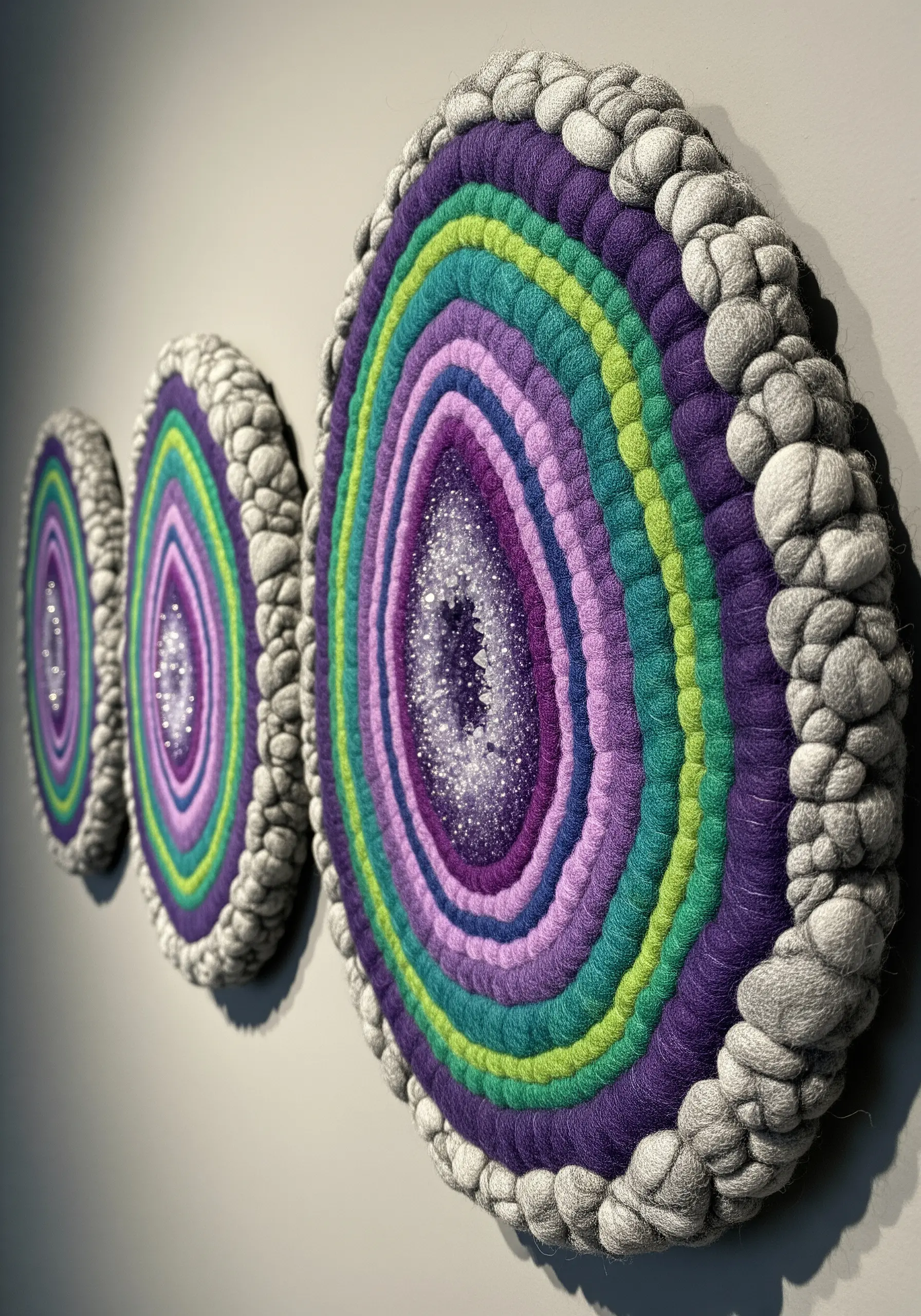 A trio of dimensional fiber art geodes with purple, green, and blue rings and glittering centers.