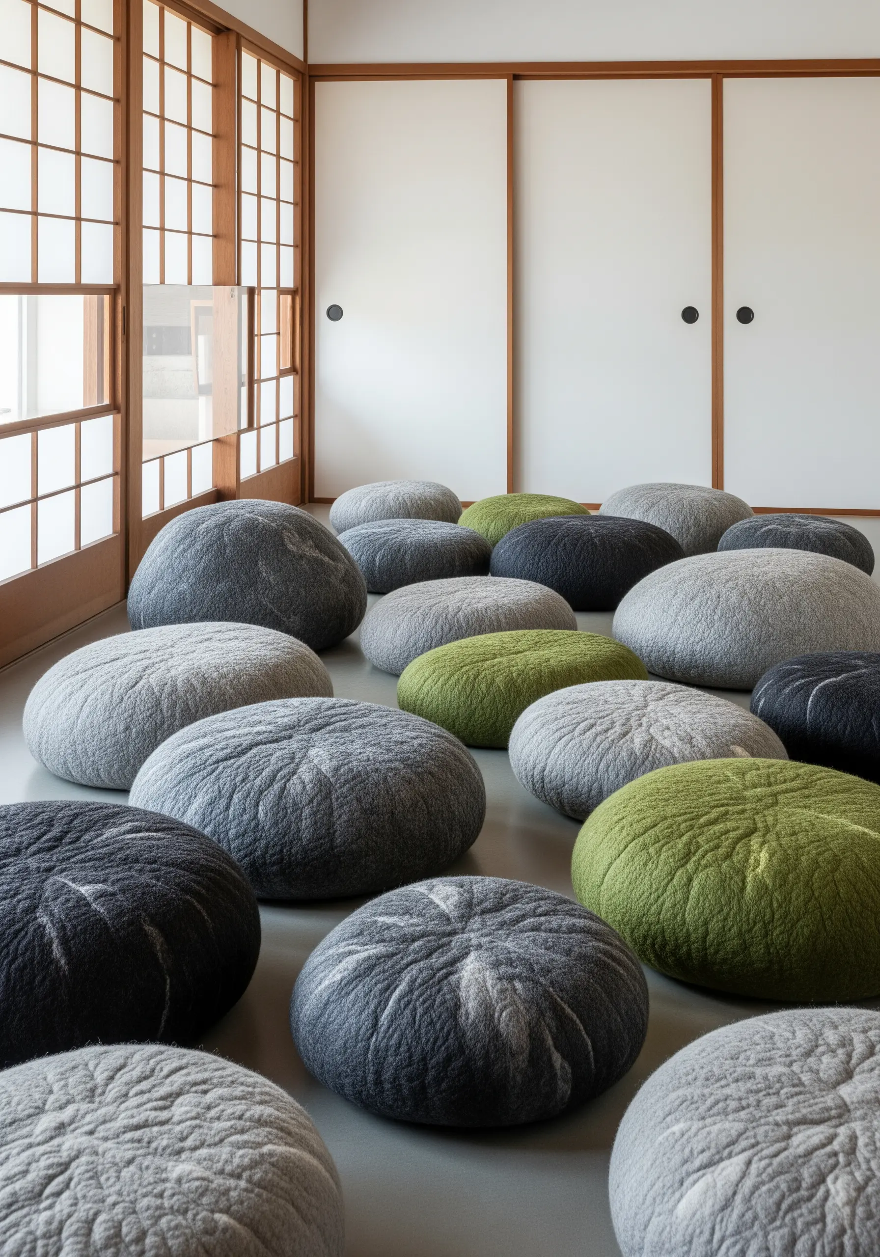 A collection of large, smooth, felted floor cushions that look like river stones in a minimalist room.