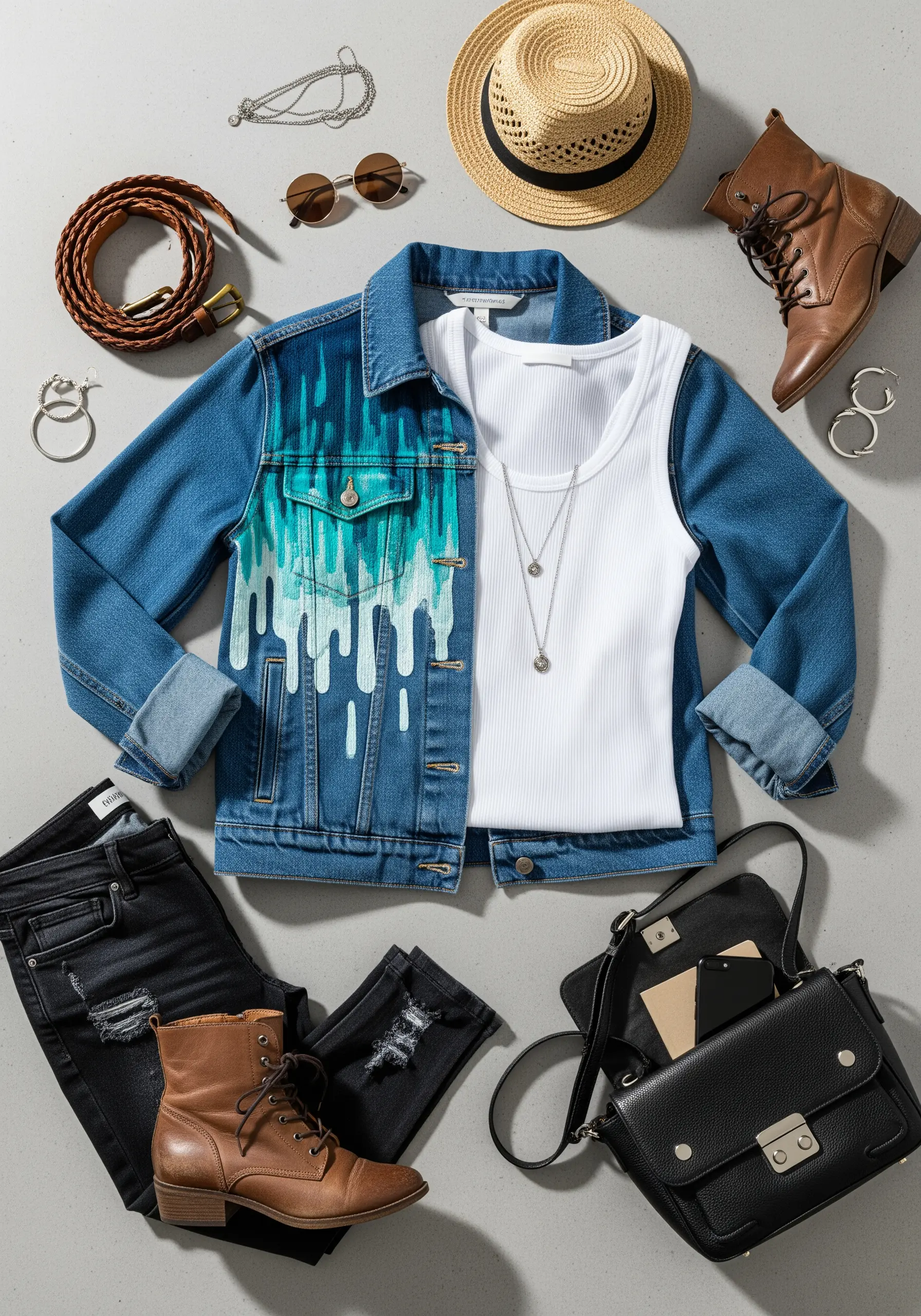 A turquoise and white paint drip effect embroidered on the shoulder of a denim jacket.