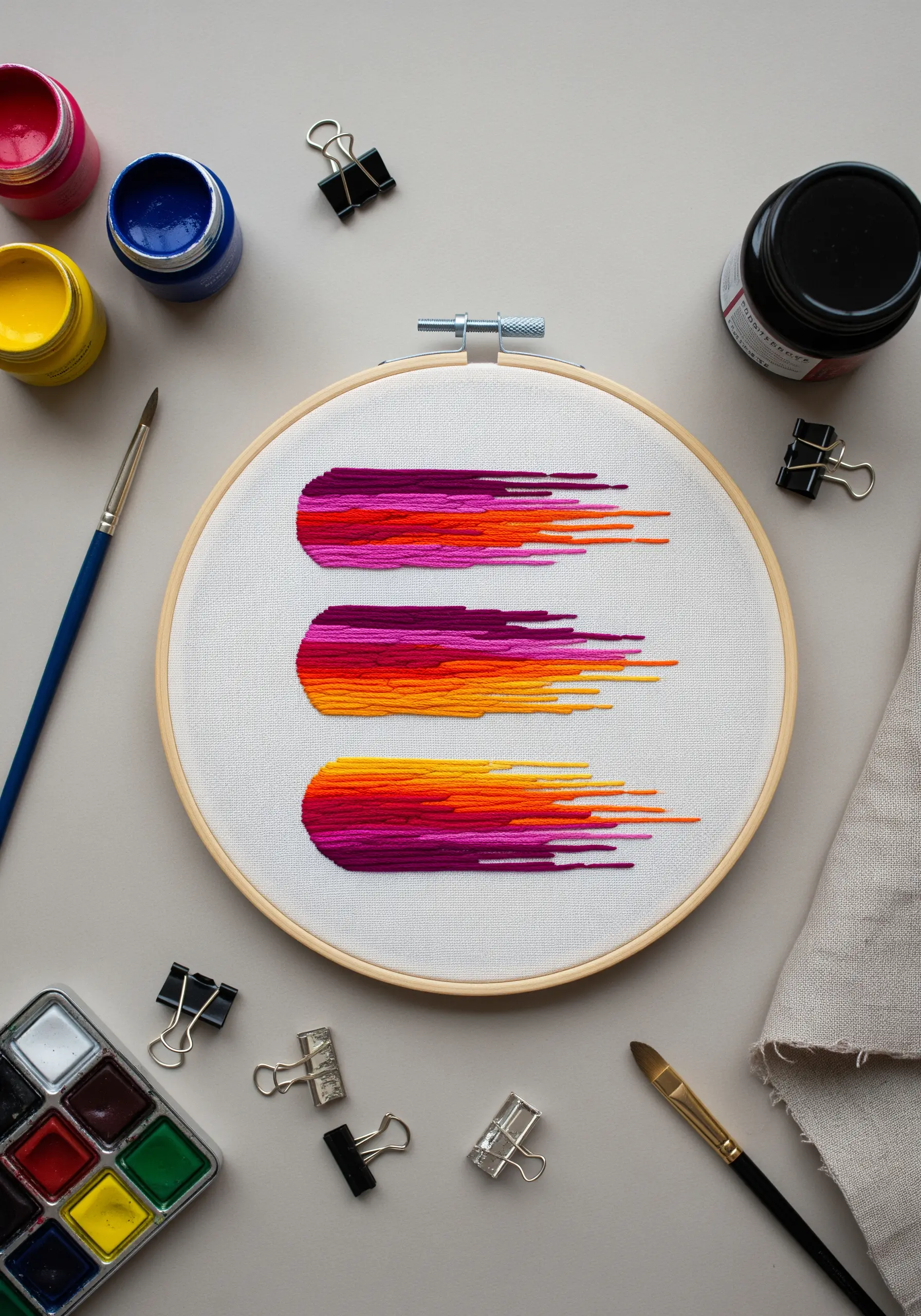 Embroidery hoop with three abstract brushstroke shapes in sunset color gradients.