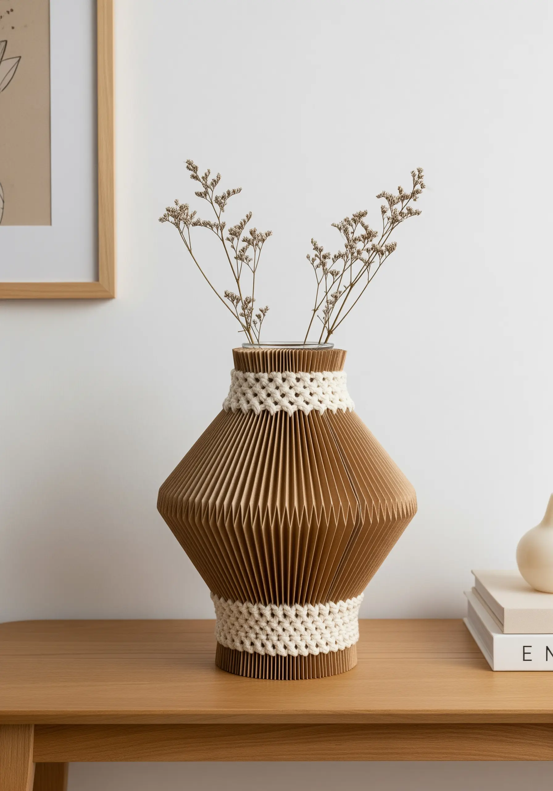 A geometric accordion-paper vase with two woven, macrame-style bands around it.