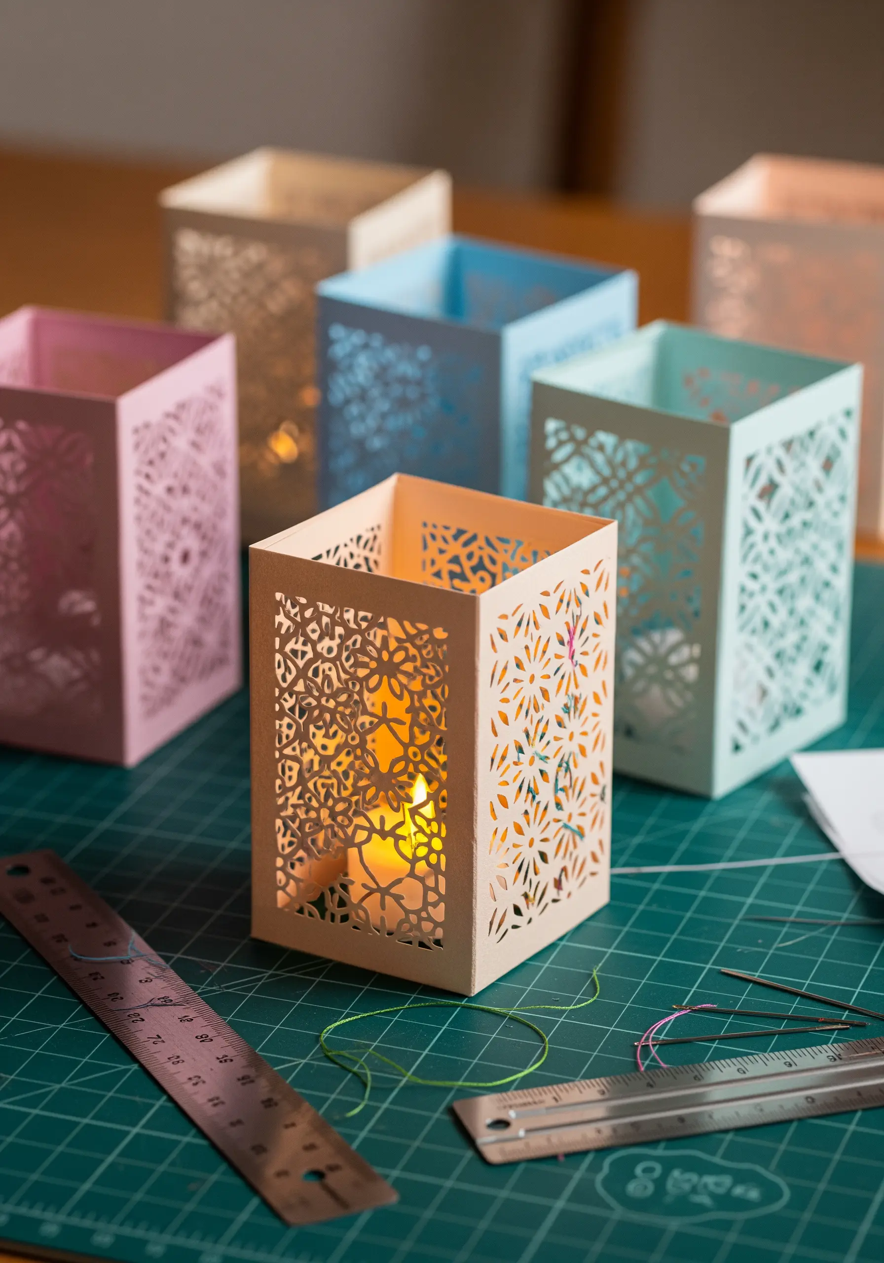 Delicate paper lanterns in pastel colors with intricate floral cutouts, lit from within.