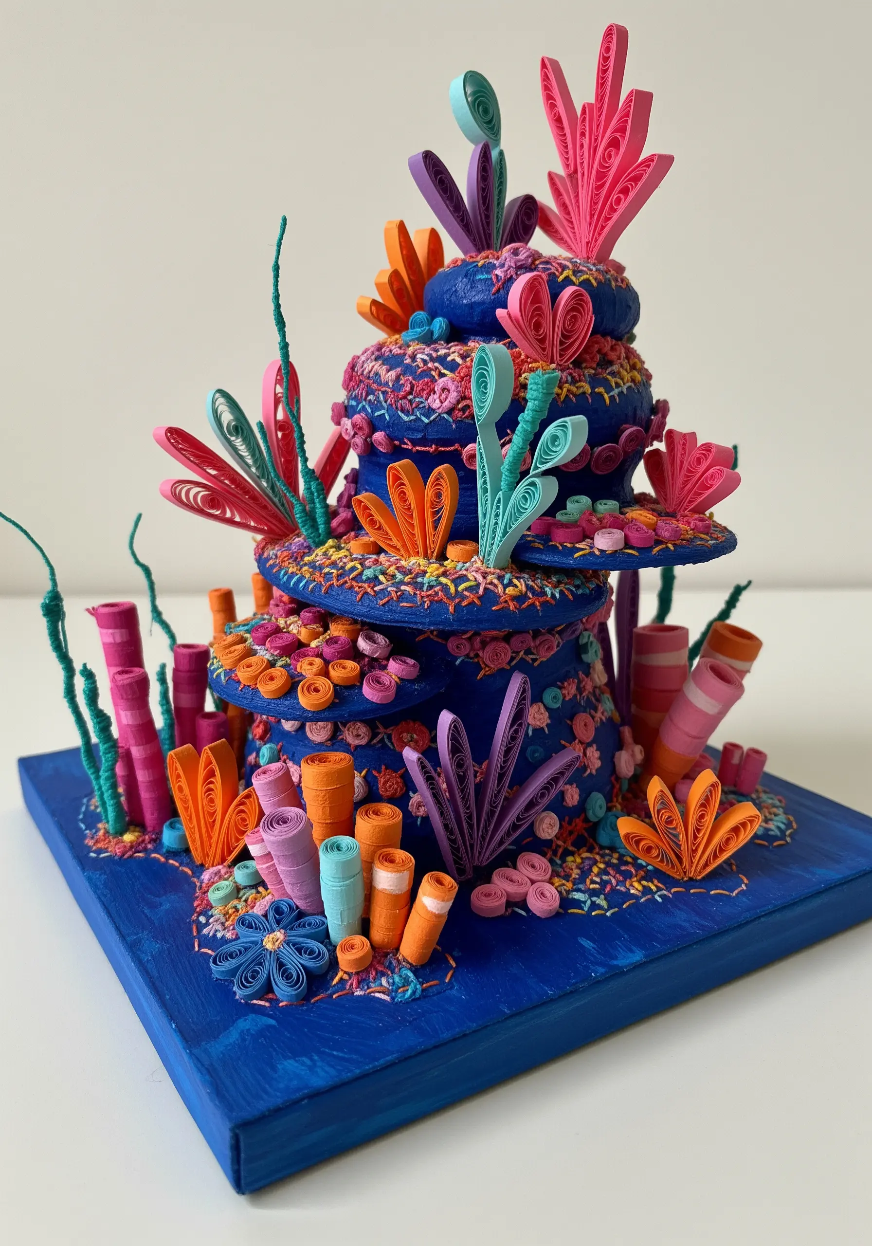 A vibrant, 3D sculpture of a coral reef made from quilled paper and embroidery stitches.
