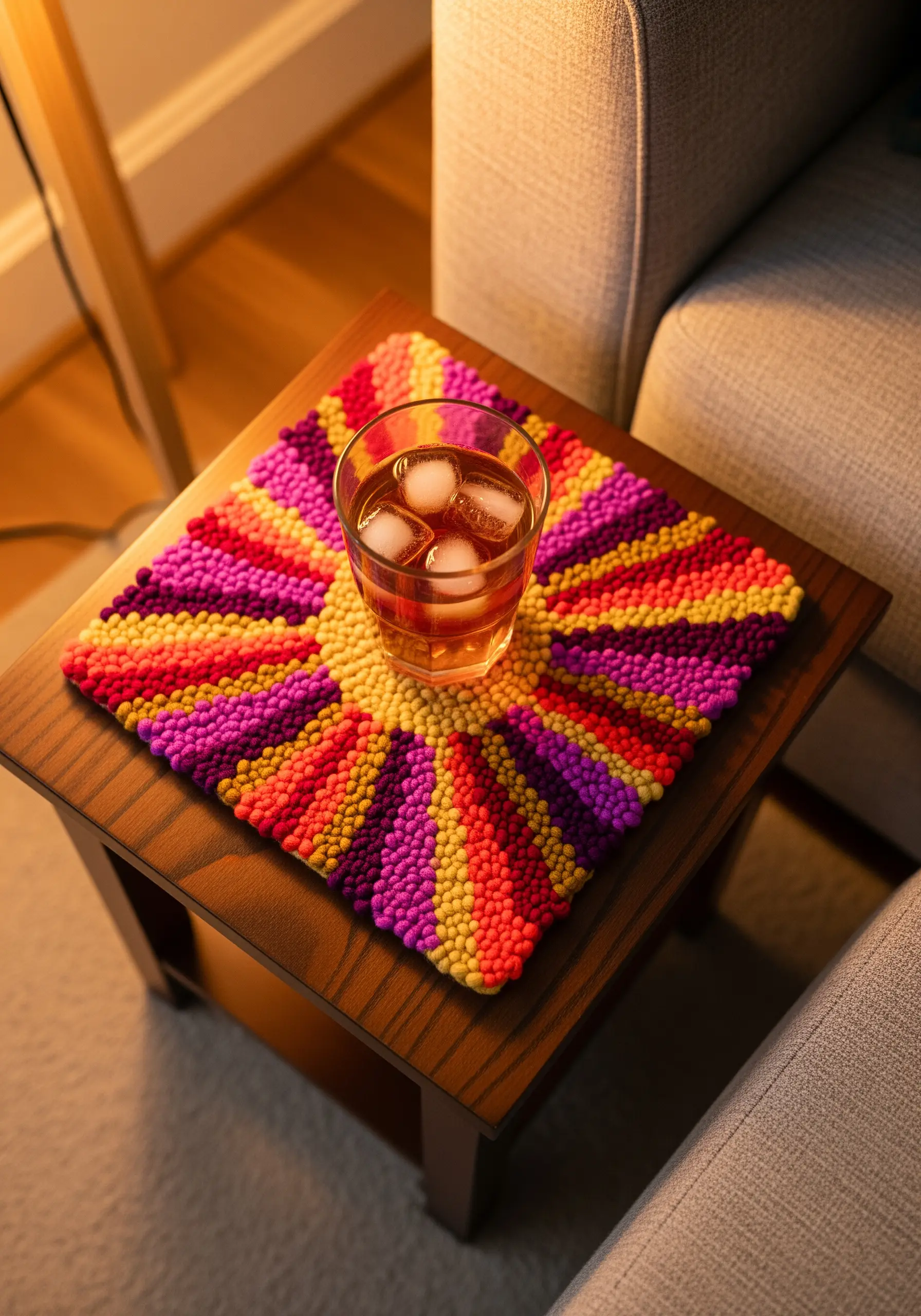 A highly textured mat made with punch needle, featuring a sunburst pattern in warm colors.