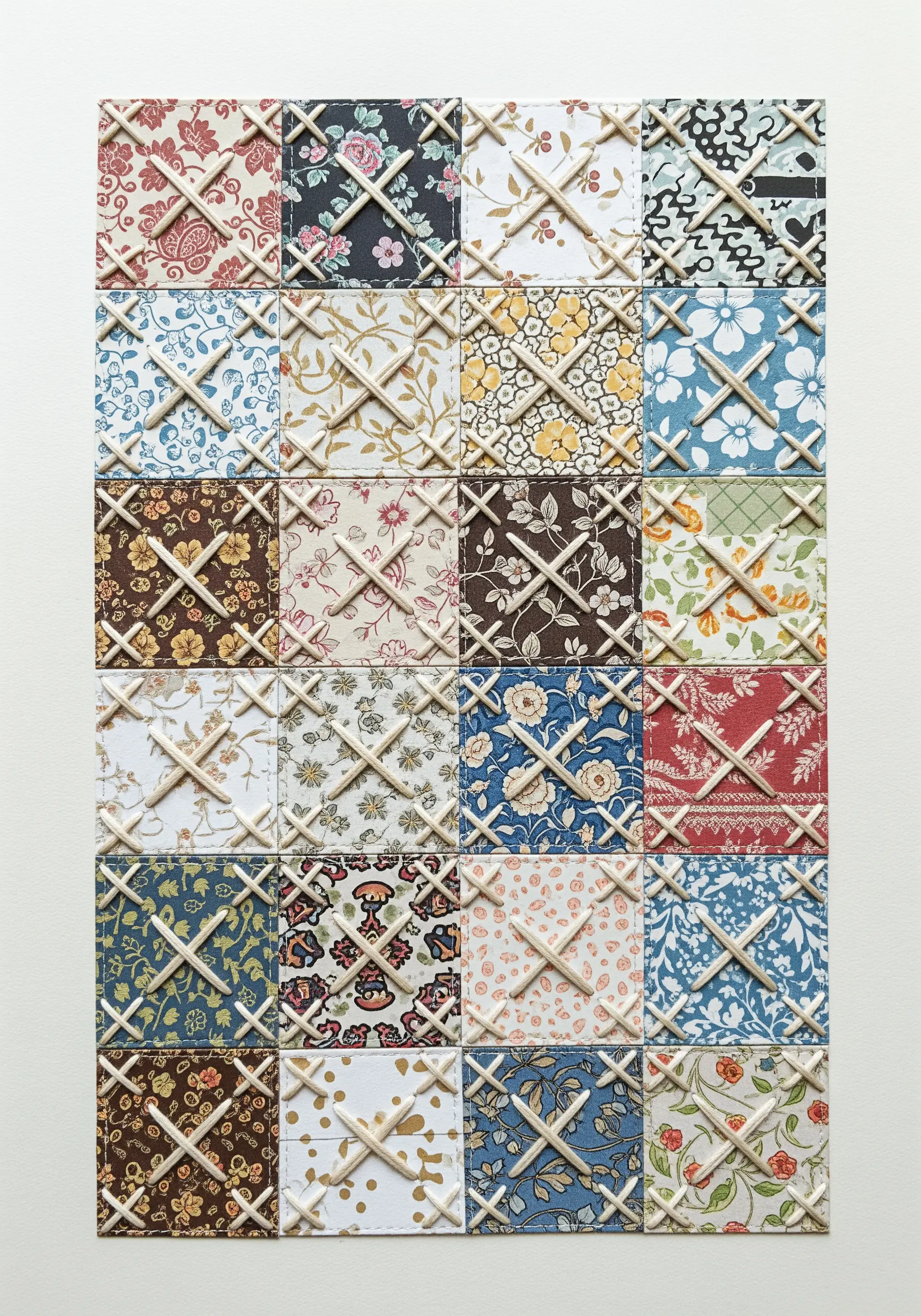 A grid of patterned paper squares joined by thick, cream-colored 'X' stitches.