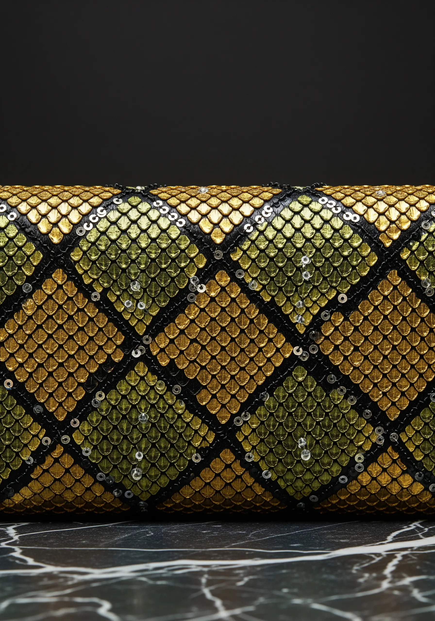 A close-up of a shimmering snakeskin pattern made with overlapping gold and green sequins.