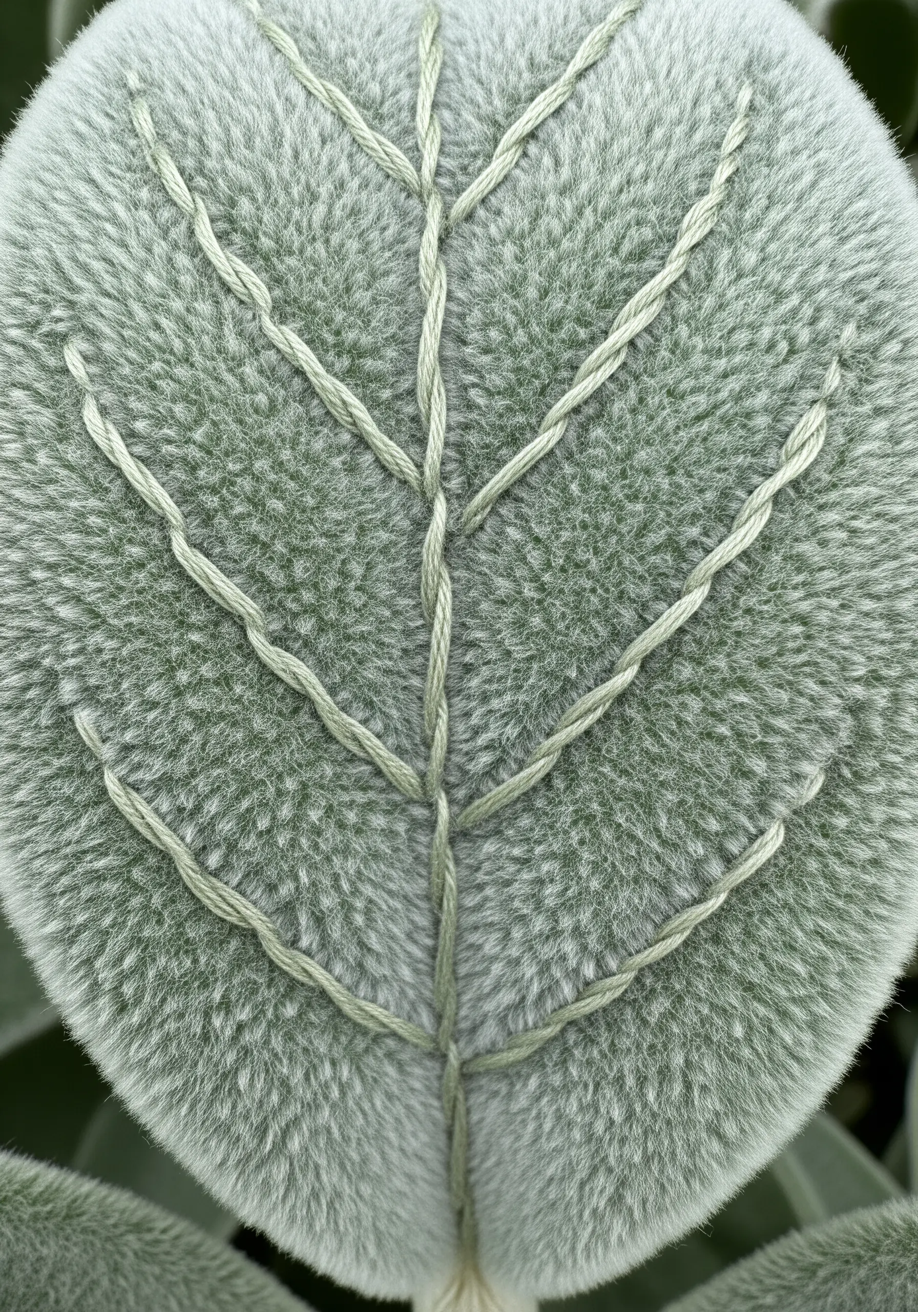 Whipped backstitch veins on a fuzzy, pale green leaf texture.