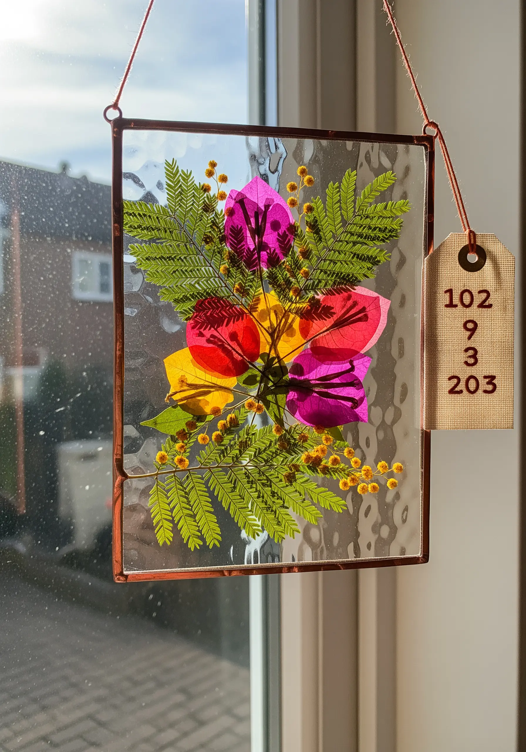 A suncatcher made with colorful pressed flowers and leaves between two panes of glass.