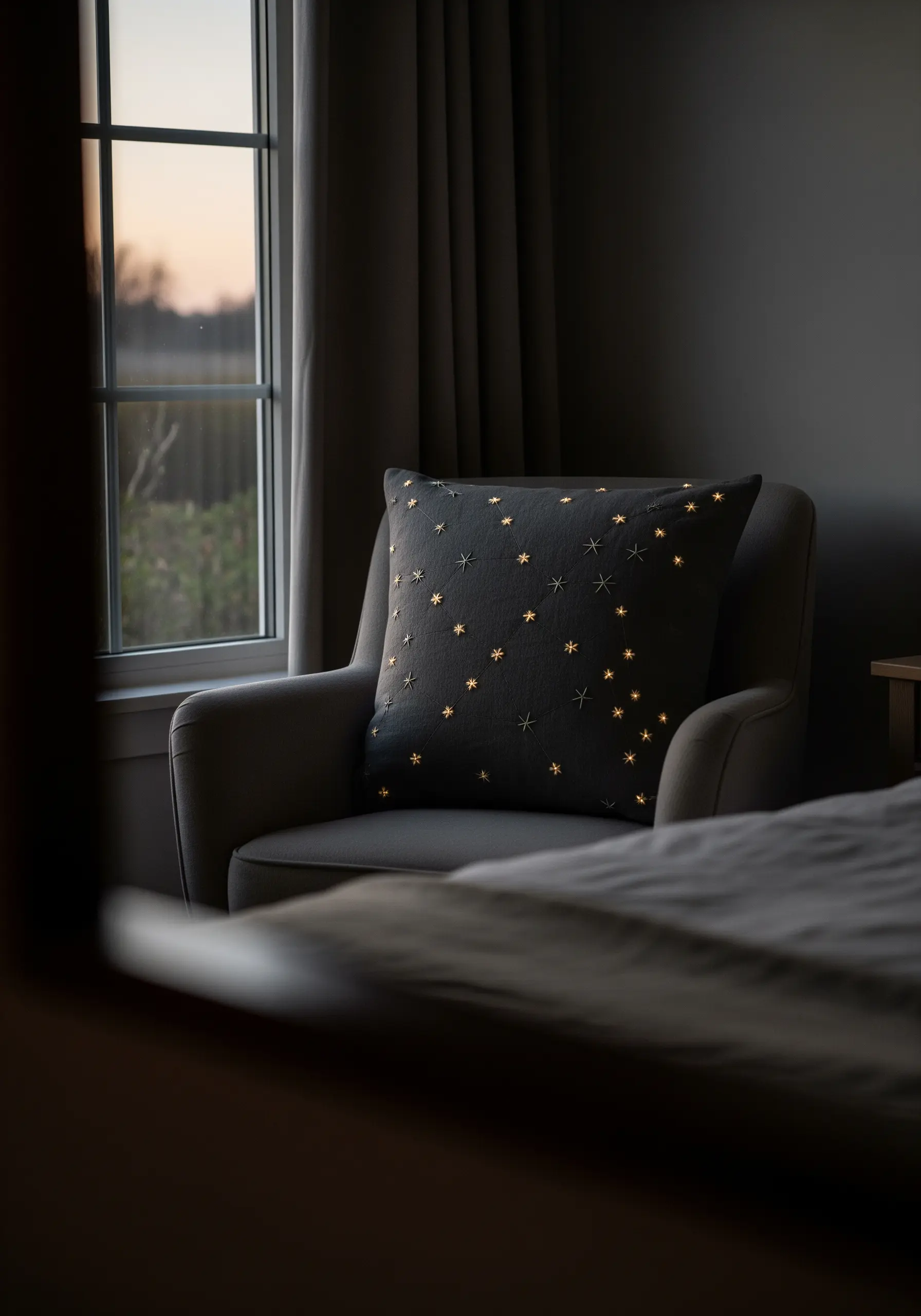 Gold metallic thread stars embroidered and scattered across a dark charcoal gray pillow.