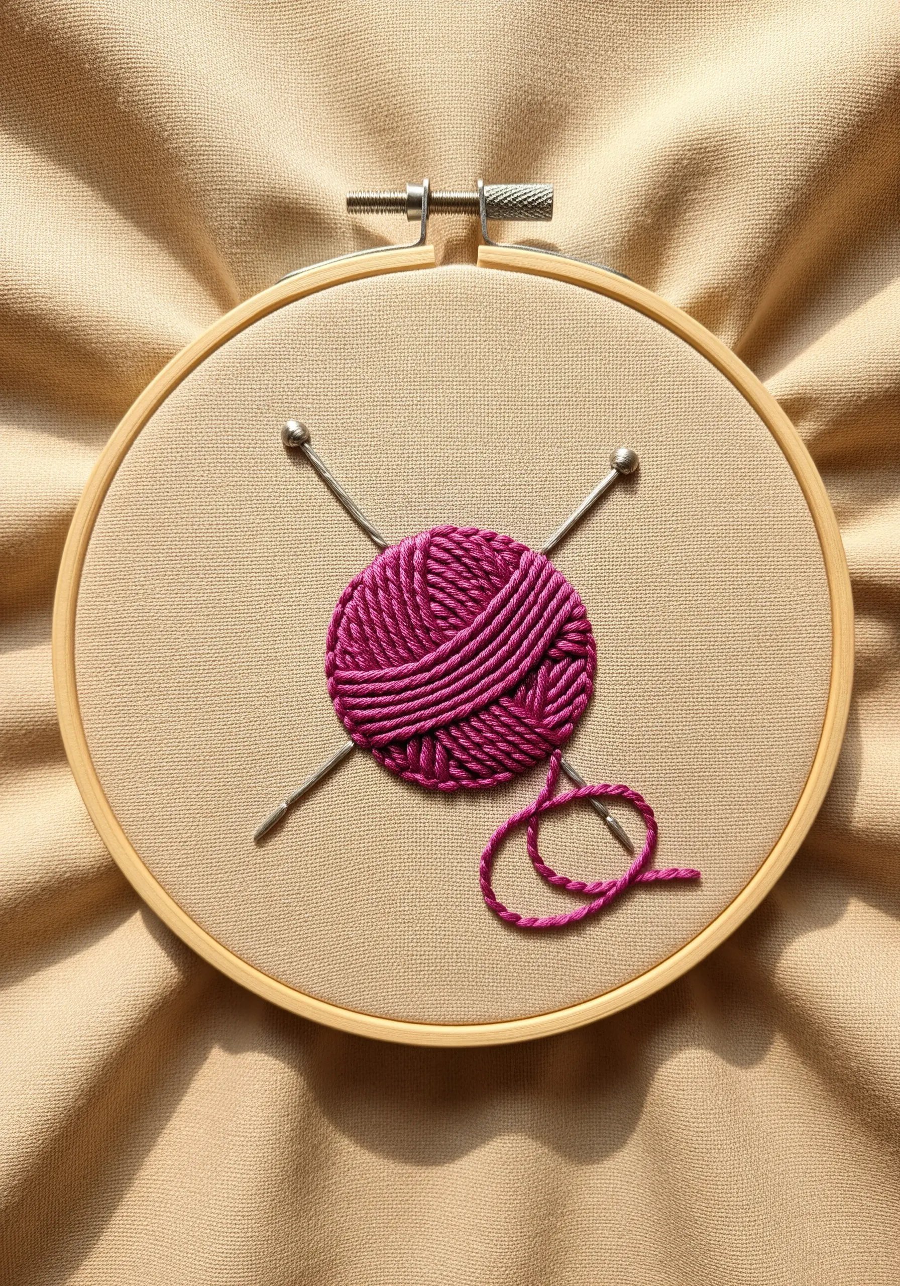 An embroidered ball of magenta yarn with layered stitches creating texture.