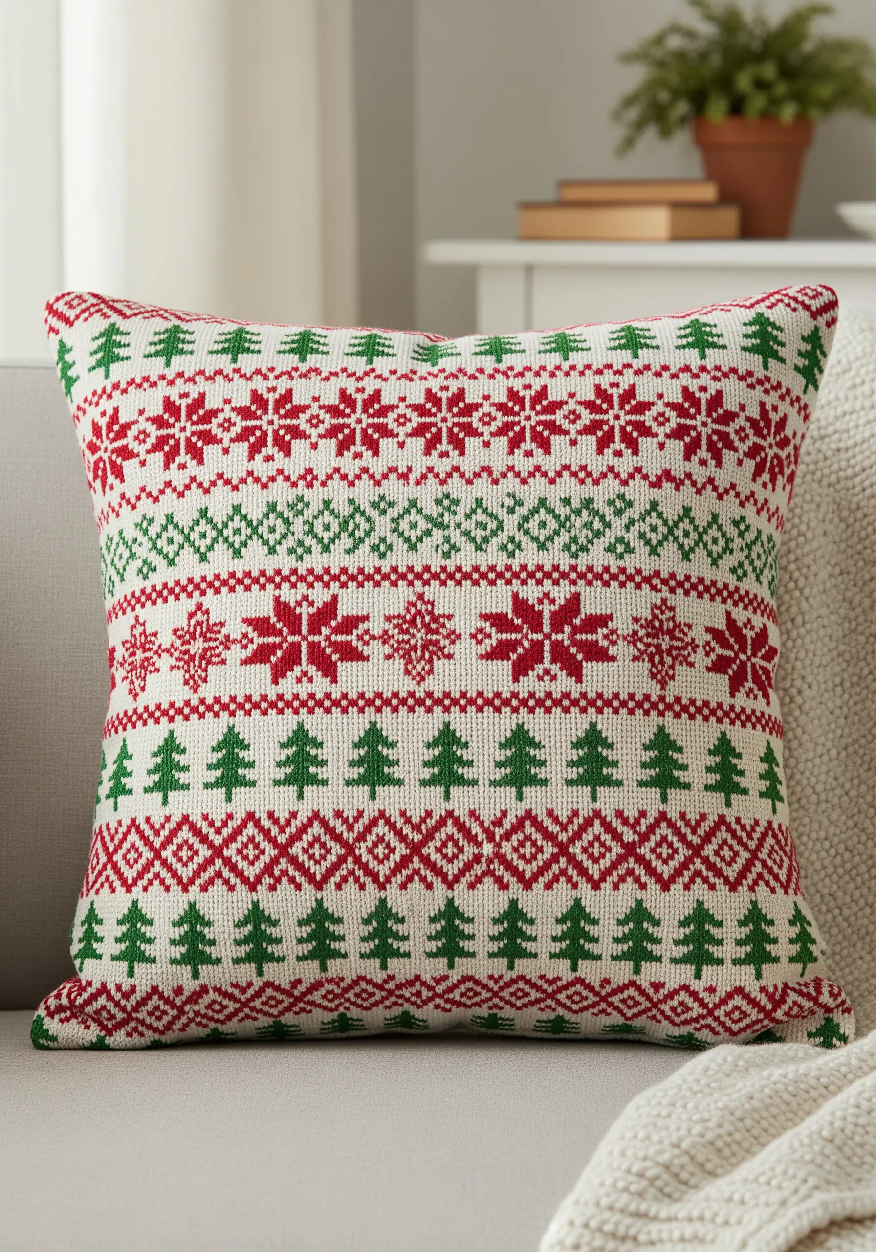 A pillow with repeating horizontal bands of red and green cross-stitched holiday patterns.
