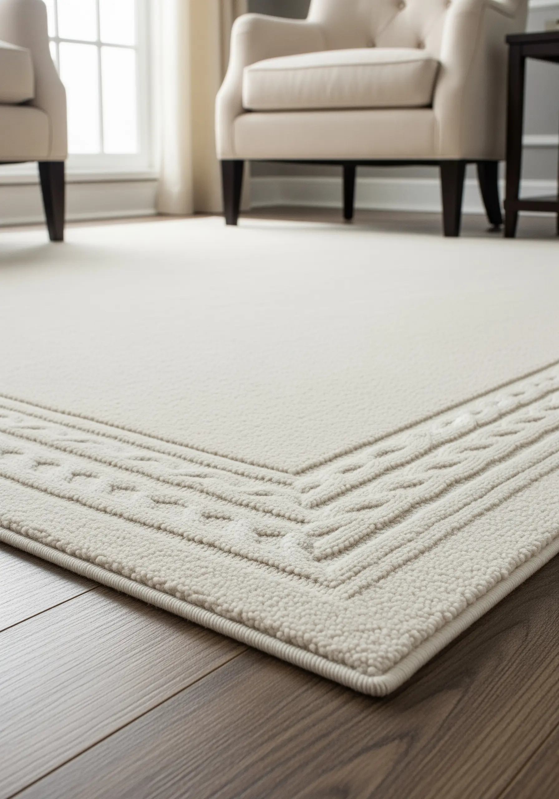 A close-up of an off-white rug with a raised border that mimics a cable-knit pattern.