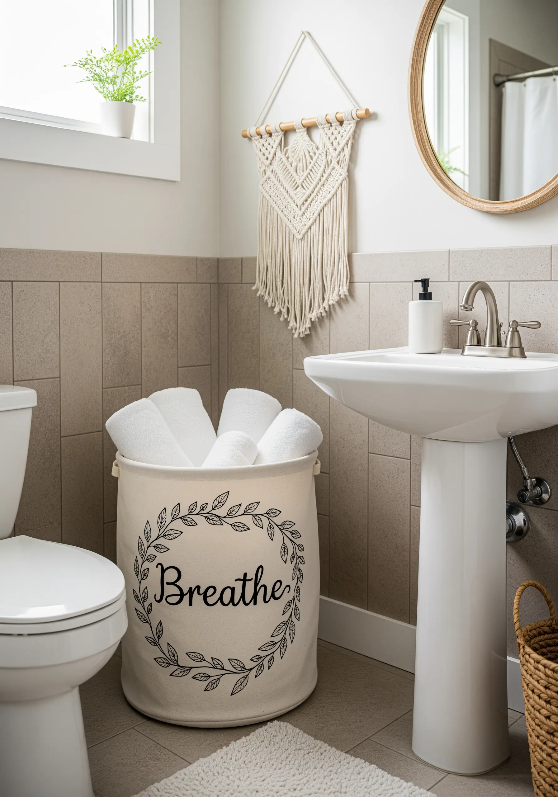 A canvas laundry basket with the word 'Breathe' embroidered inside a leafy wreath.