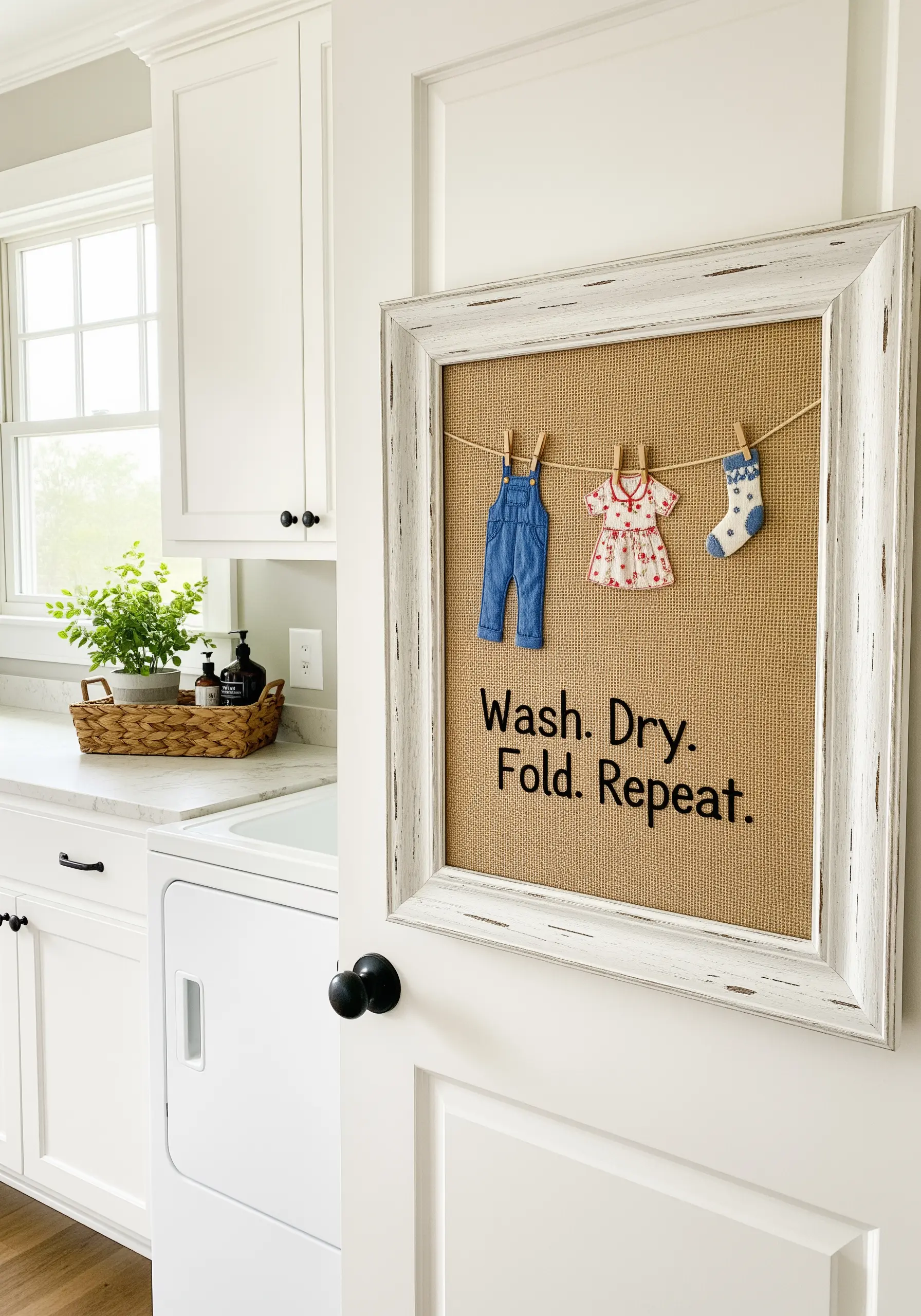 Framed burlap art for a laundry room with miniature appliqué clothes hanging from a line.