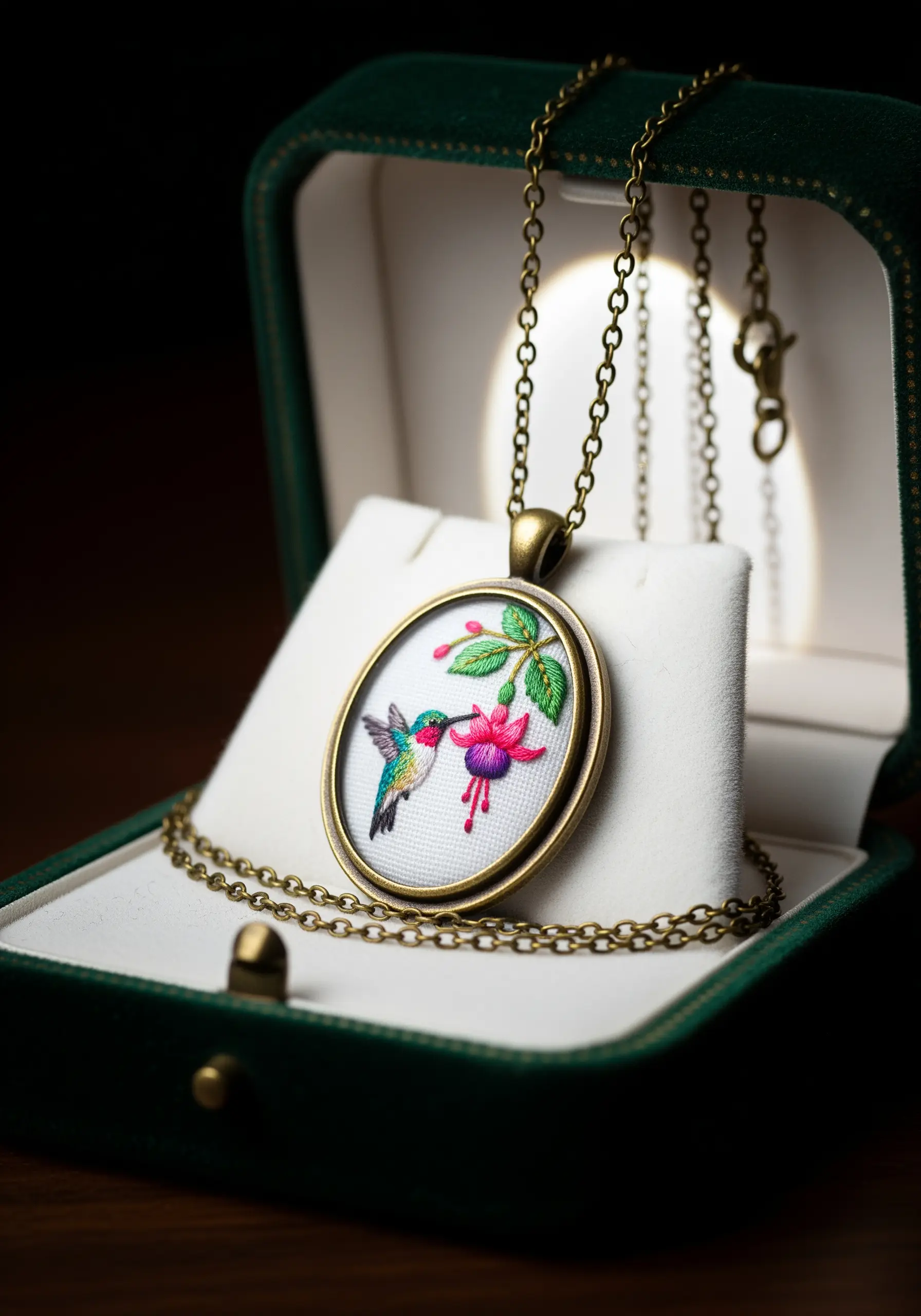 A close-up of an oval pendant necklace featuring a miniature embroidery of a hummingbird and flower.