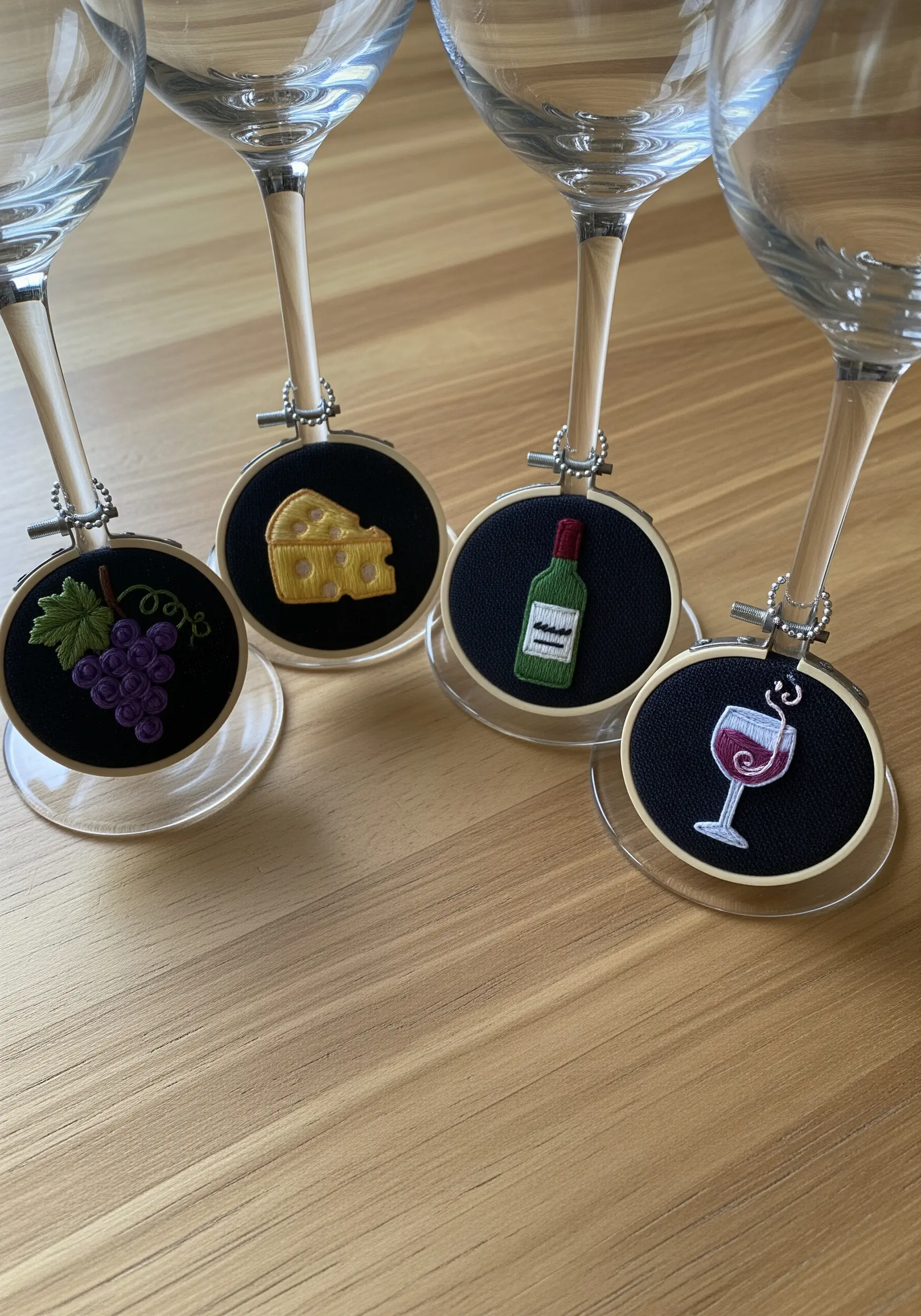 A set of four wine glass charms made from tiny embroidery hoops with food and drink motifs.