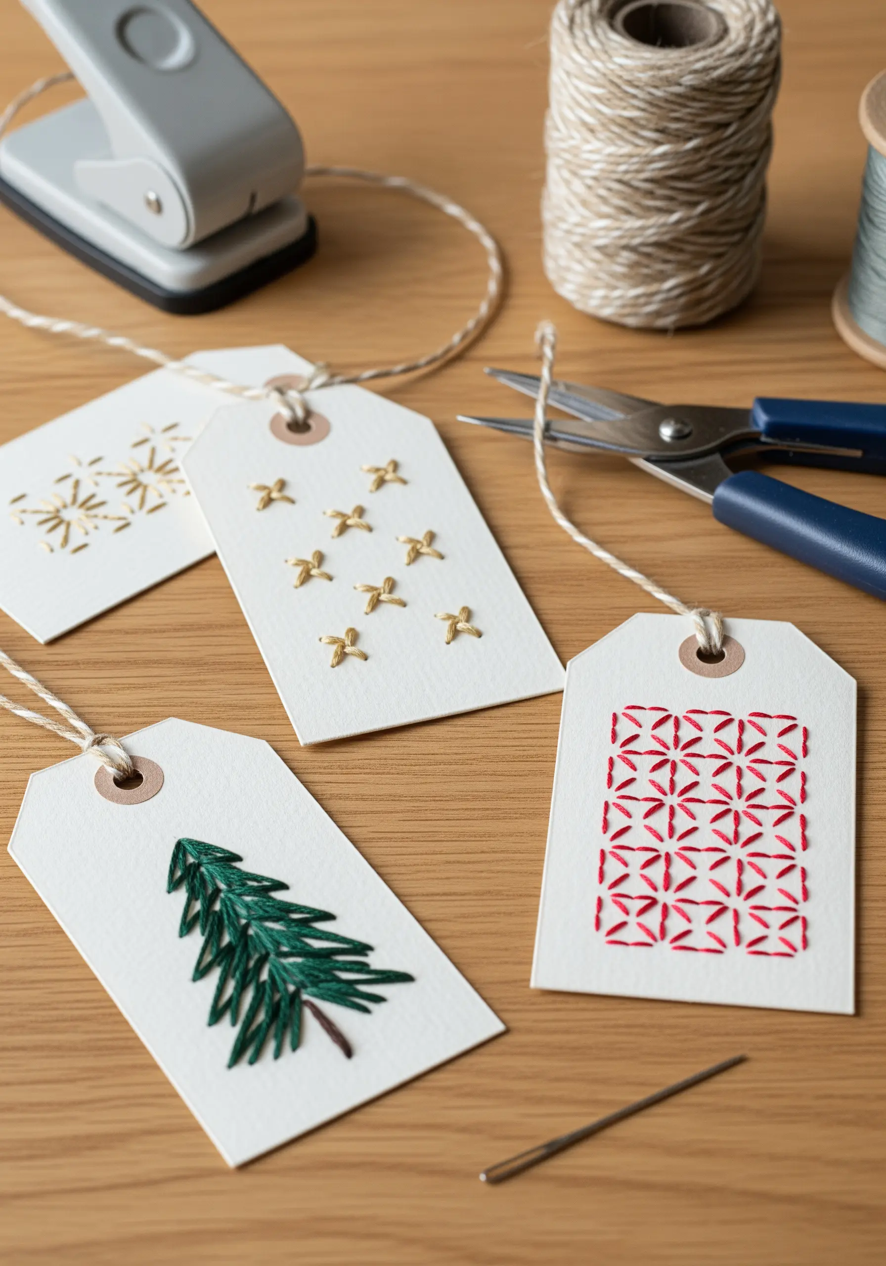 Paper gift tags with small embroidered motifs: stars, a Christmas tree, and a geometric pattern.