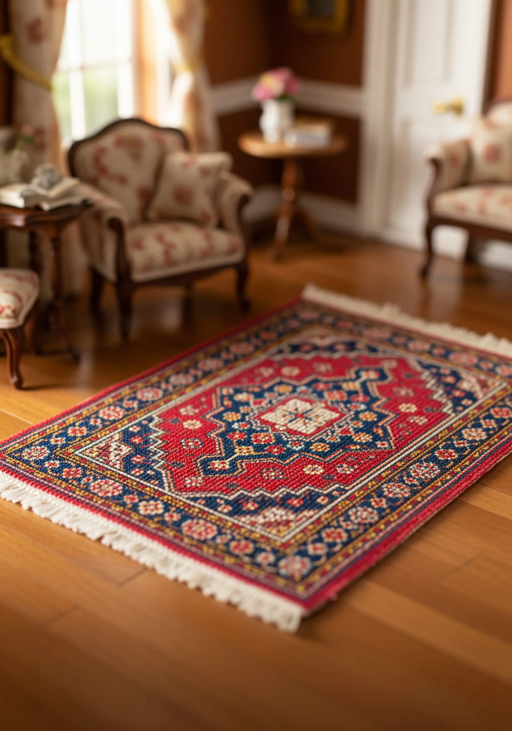A miniature dollhouse rug with a detailed red, blue, and yellow oriental pattern.
