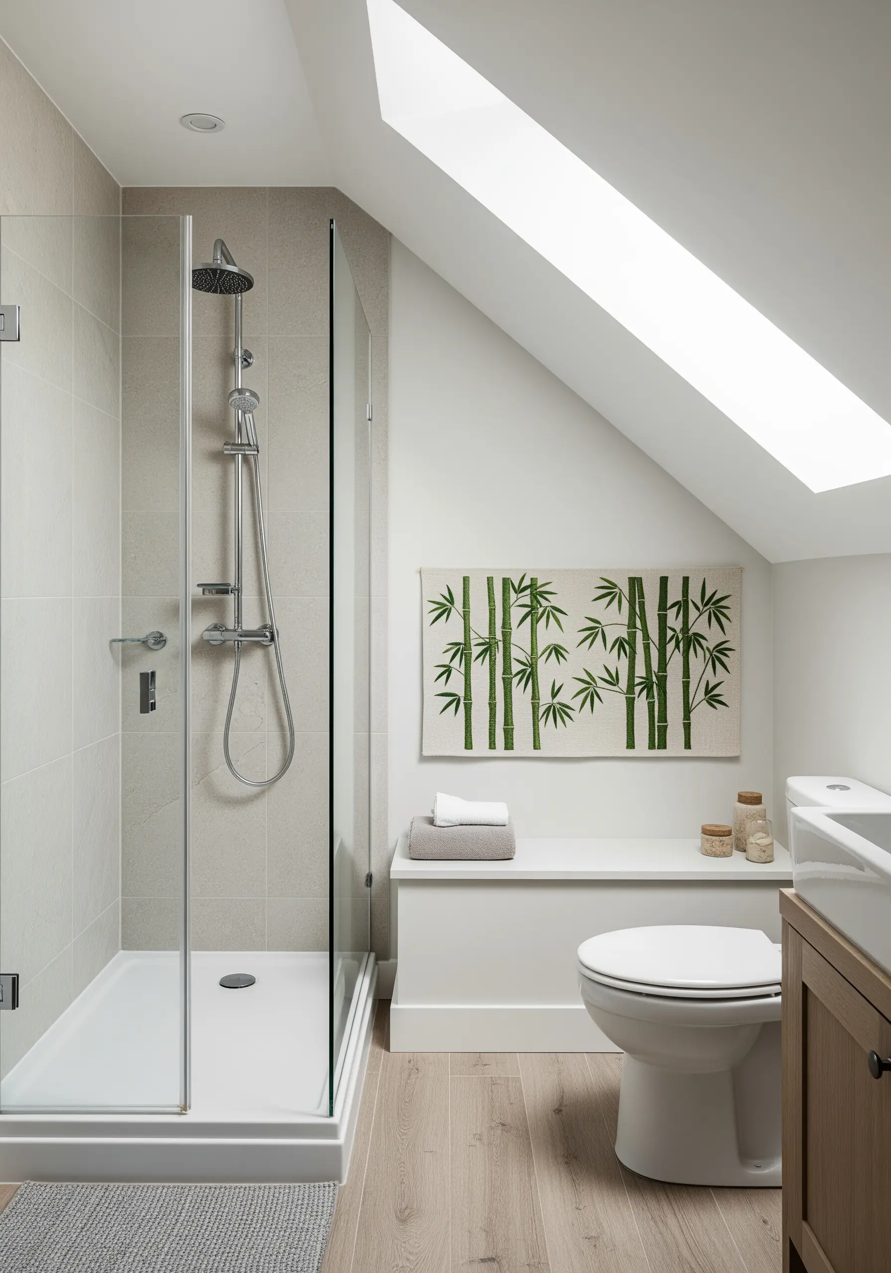 A minimalist wall hanging featuring embroidered green bamboo stalks and leaves.