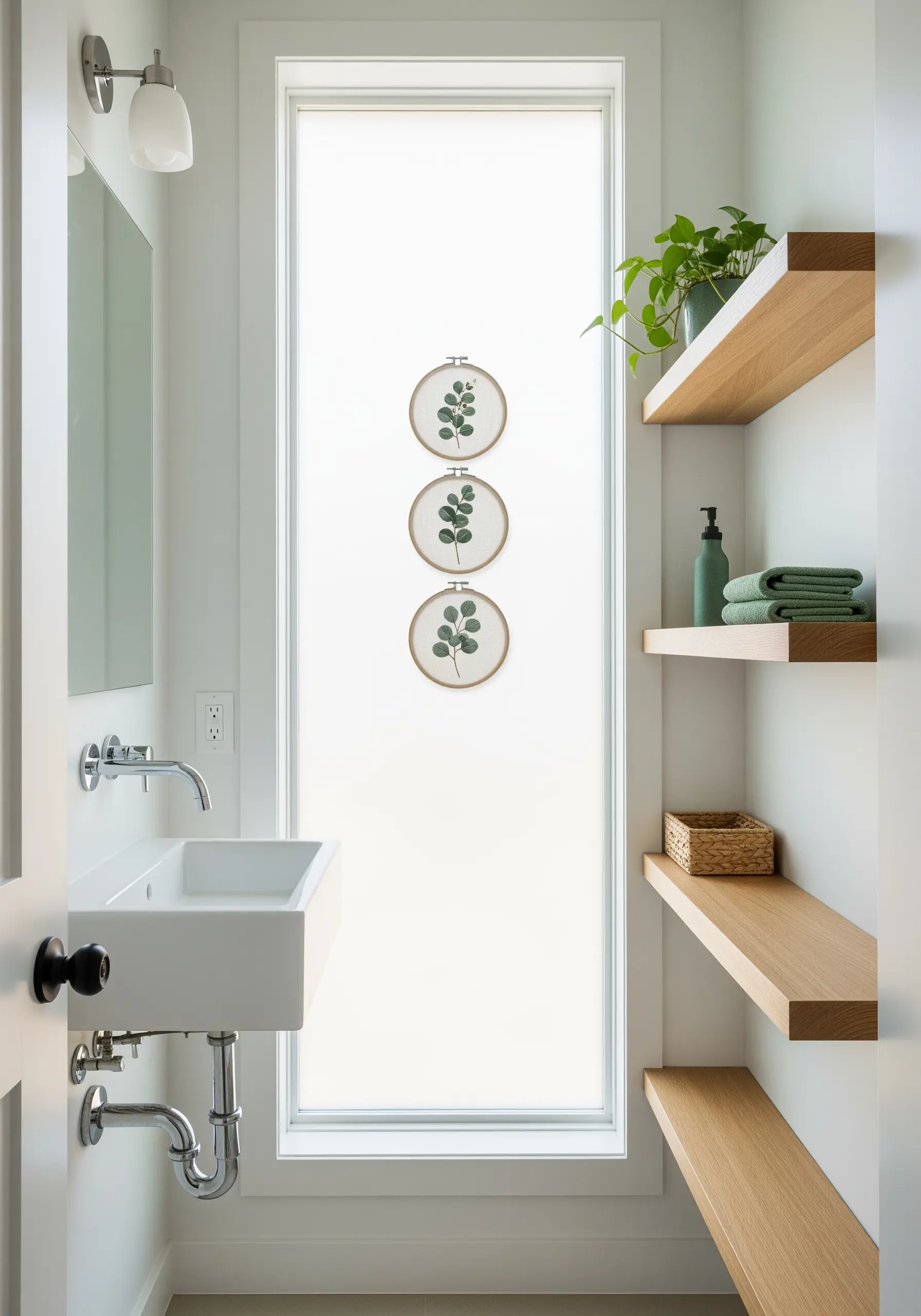Three embroidery hoops with simple eucalyptus sprigs hanging vertically in a modern bathroom.