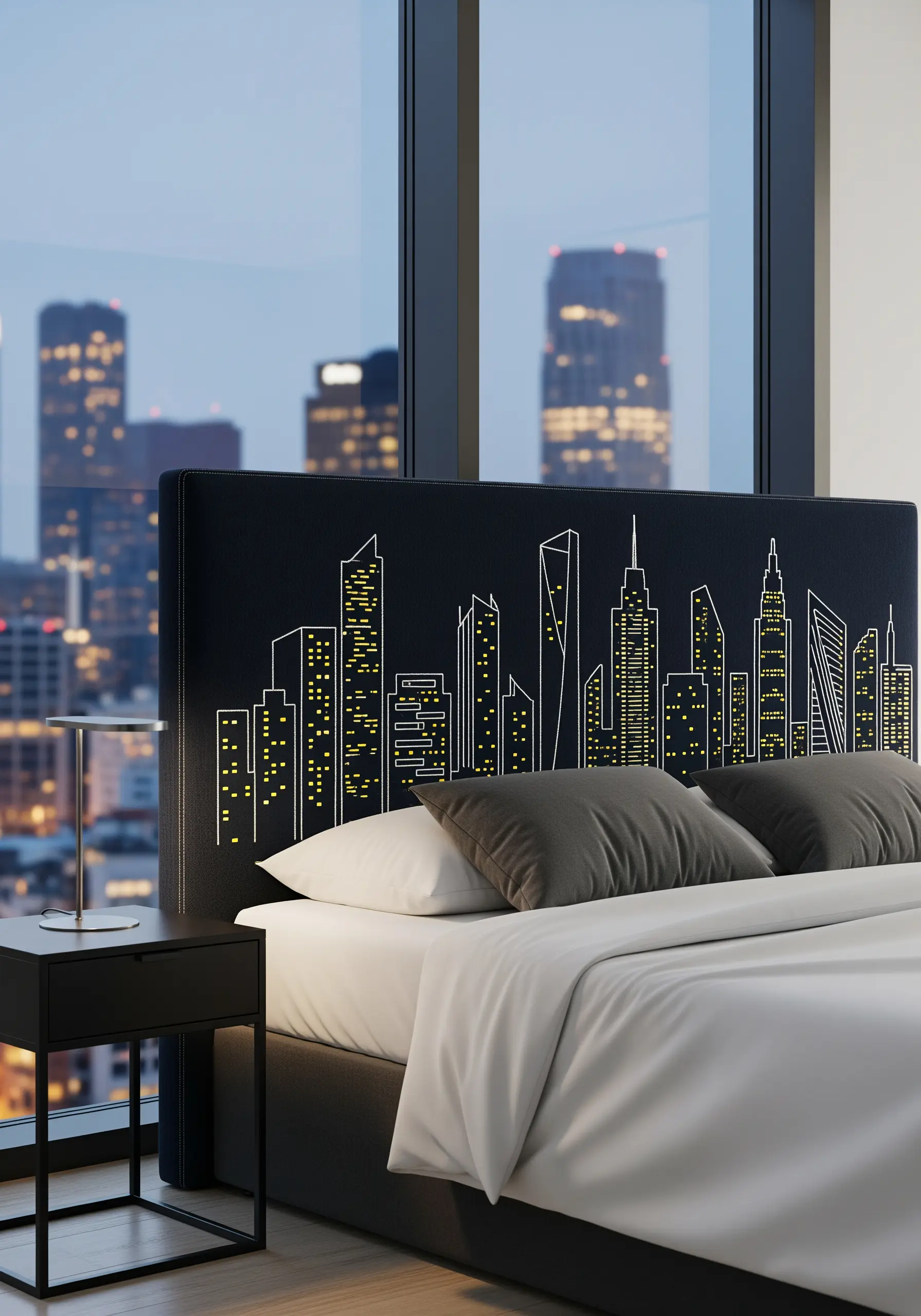 Minimalist cityscape embroidered in white outline on a black headboard with yellow French knots for lights.