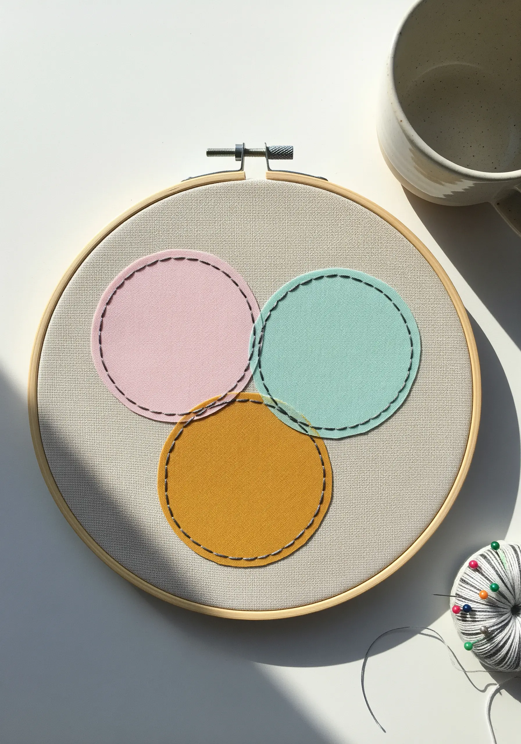 Three overlapping pastel fabric circles outlined with black running stitch.