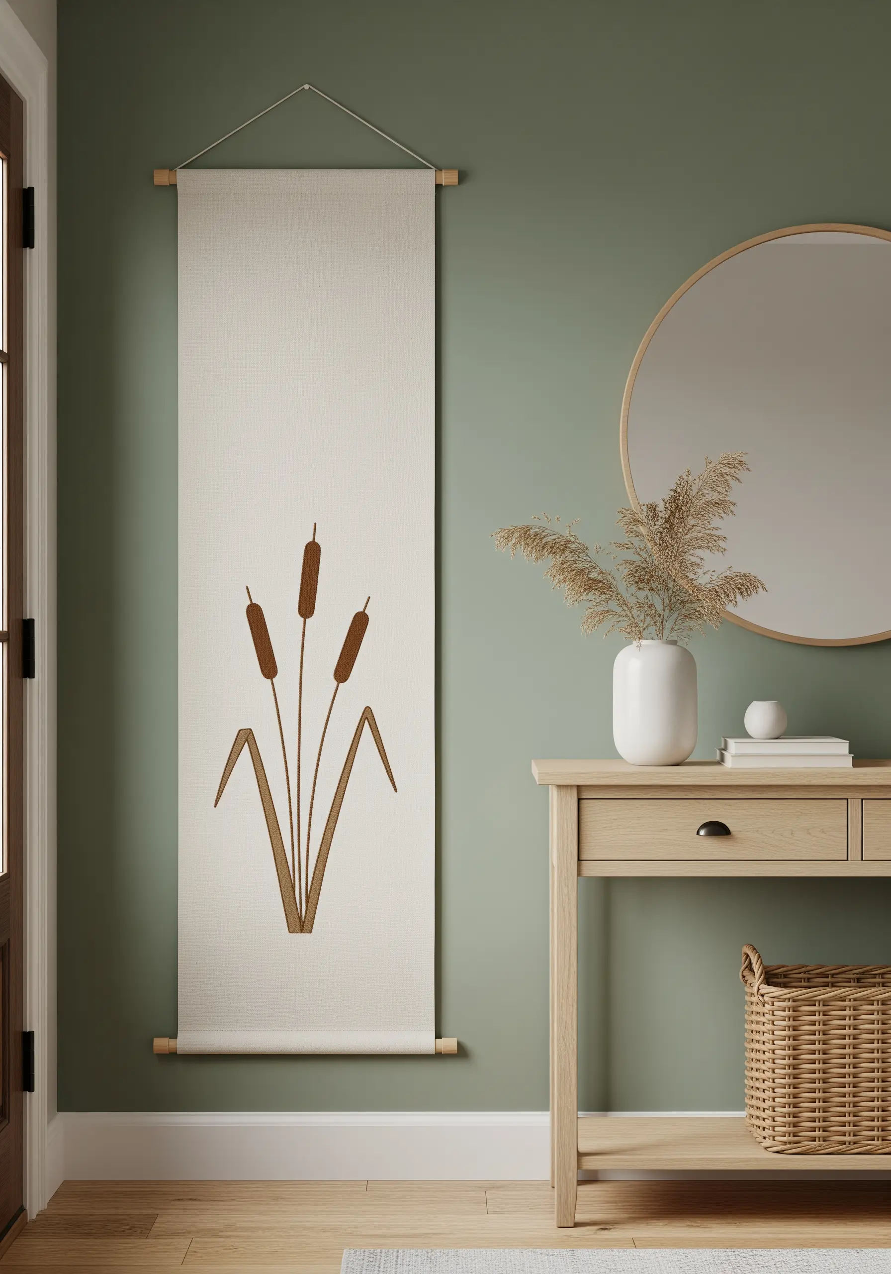 Minimalist cattails with satin-stitched tops on a vertical linen wall hanging.
