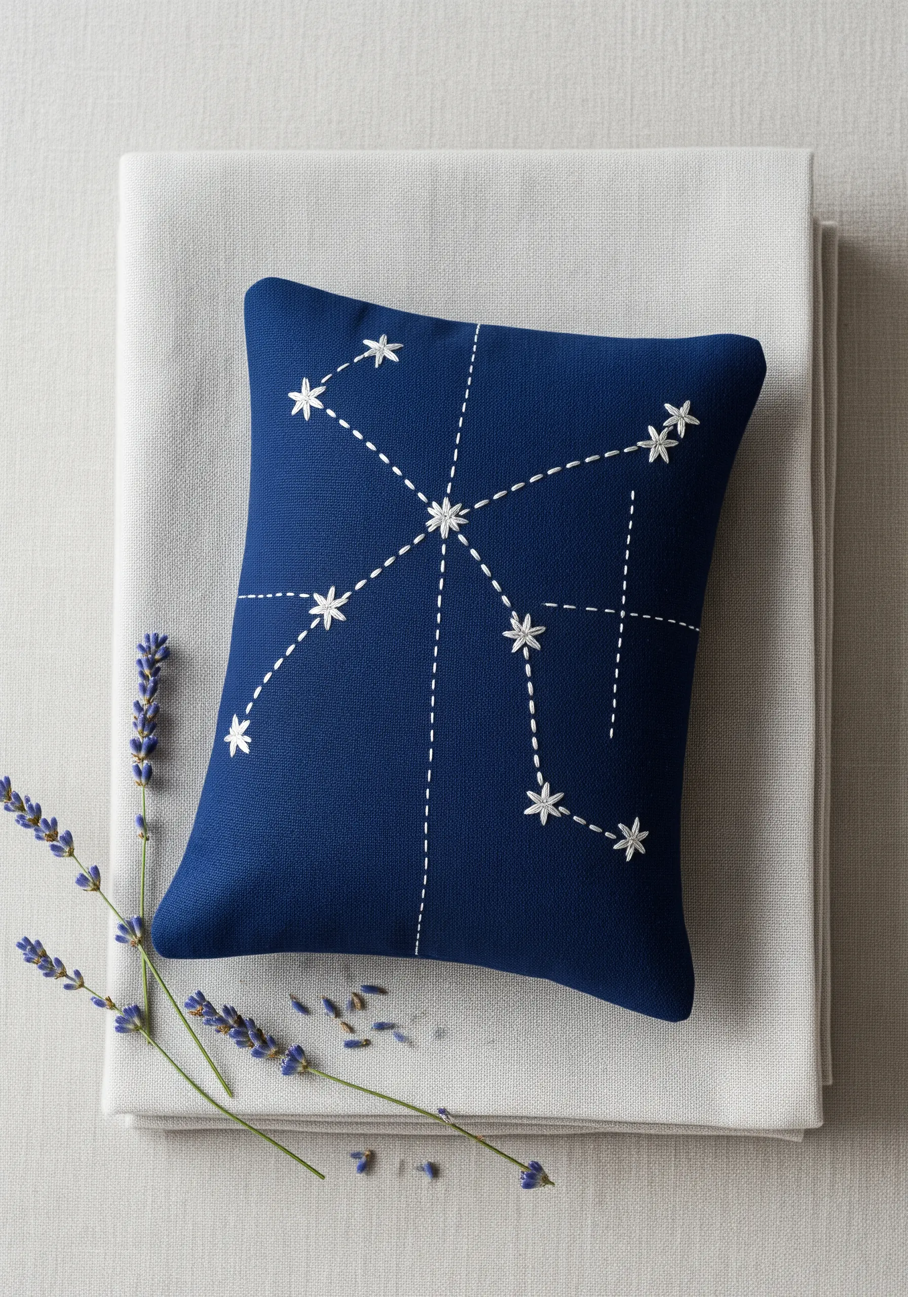 White thread constellation pattern embroidered on a navy blue lavender sachet.
