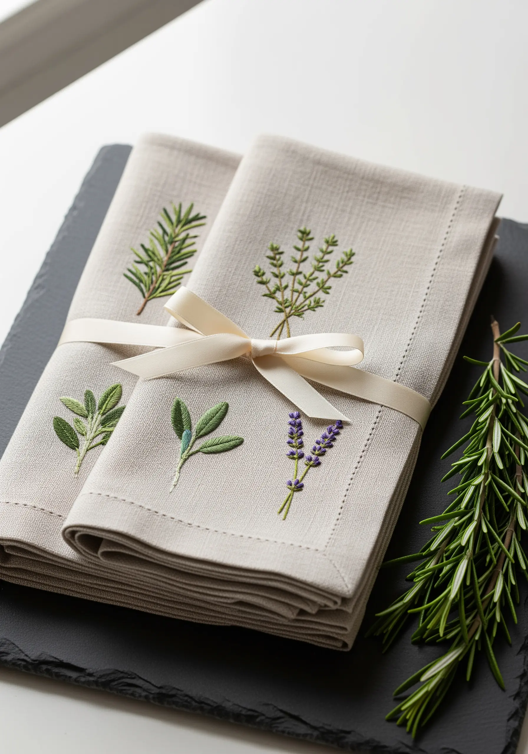 Four delicately embroidered herbs—rosemary, thyme, sage, and lavender—on folded linen napkins.