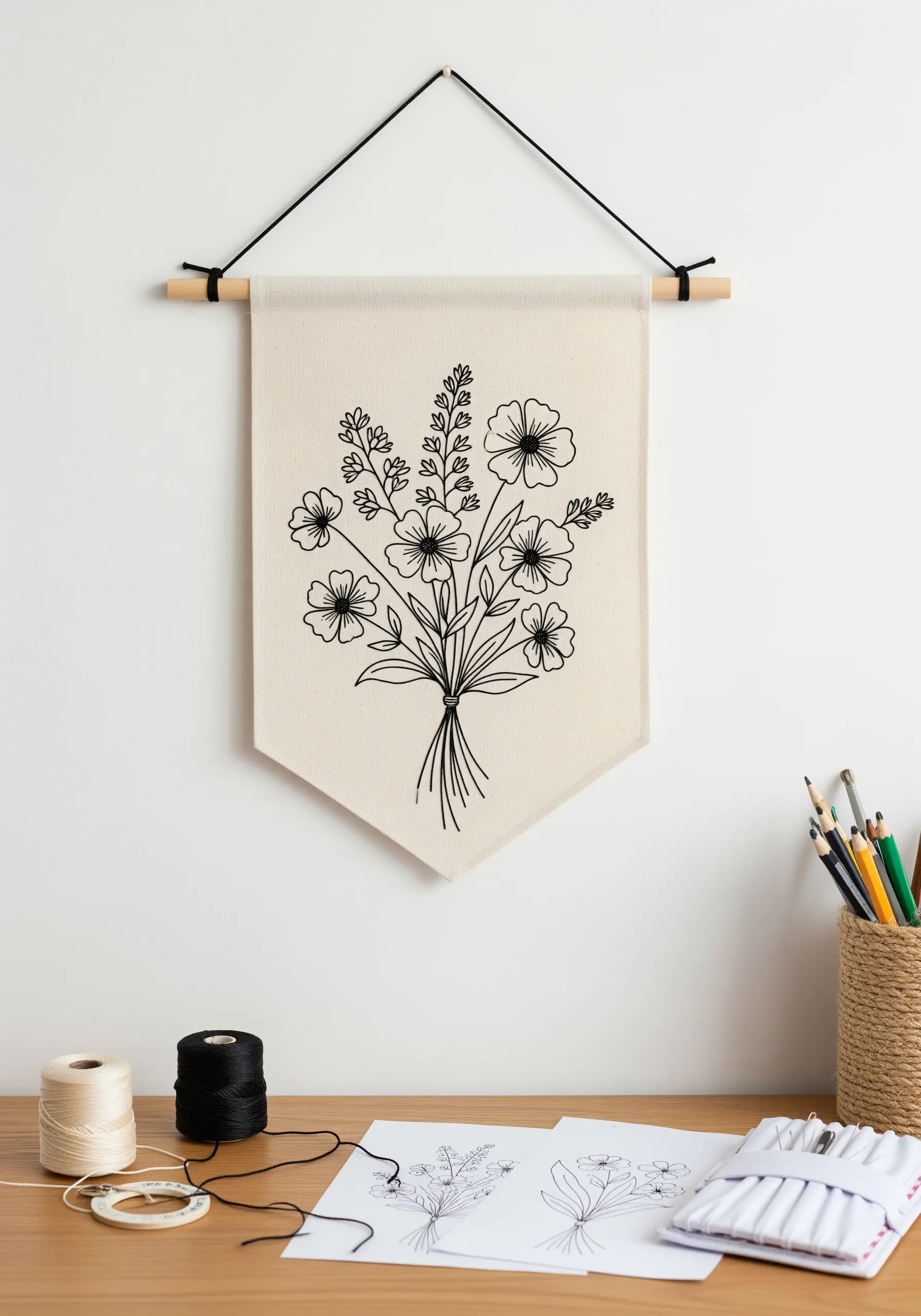 Black line art embroidery of a floral bouquet on a cream-colored hanging banner.