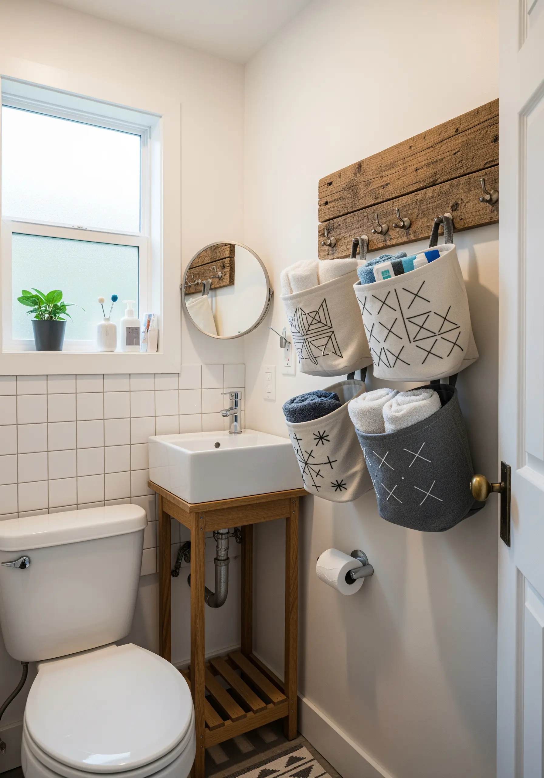 Canvas storage baskets embellished with simple, bold geometric embroidery patterns in black thread.