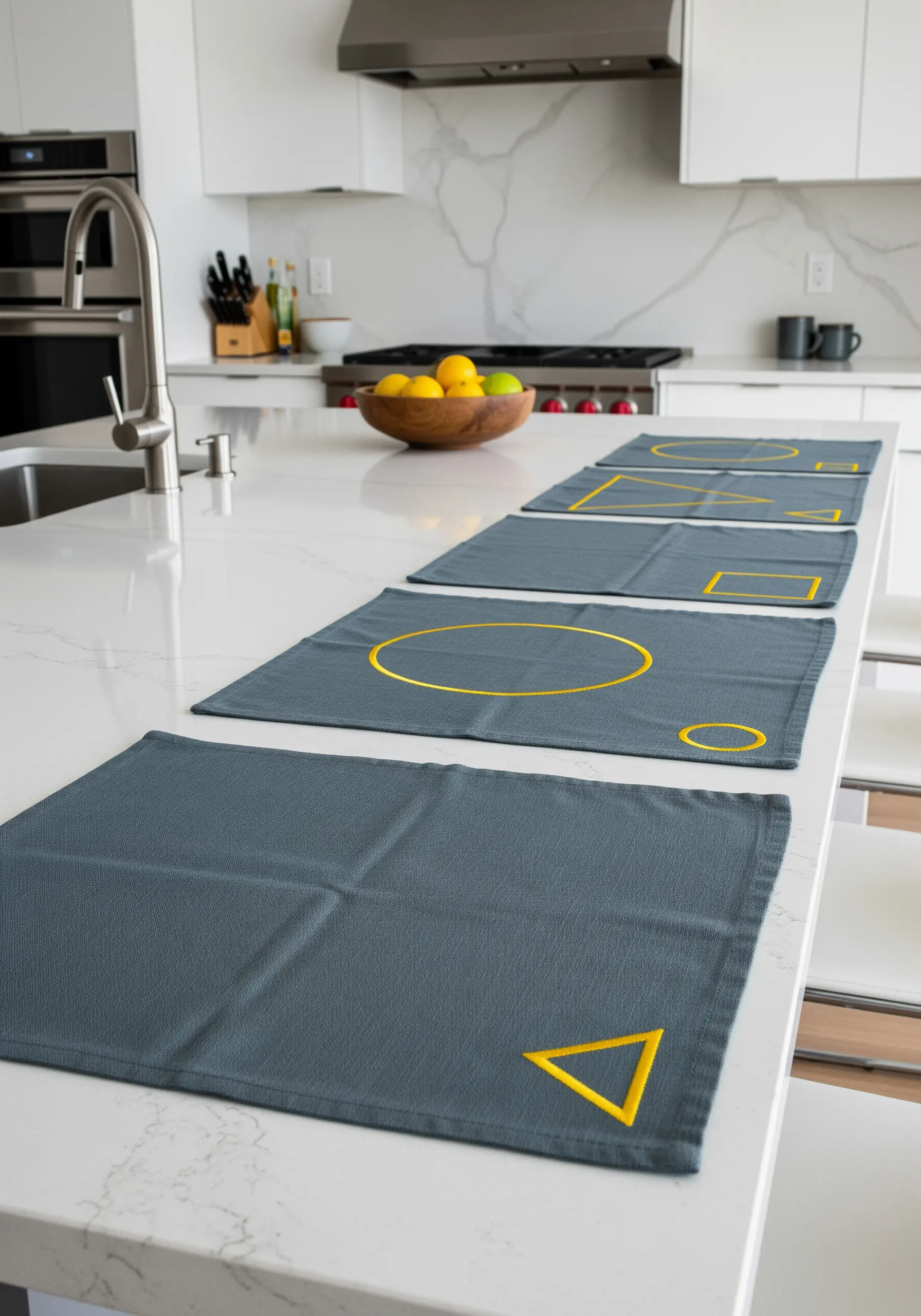 Gray placemats on a kitchen island, each embroidered with a simple geometric outline in gold.