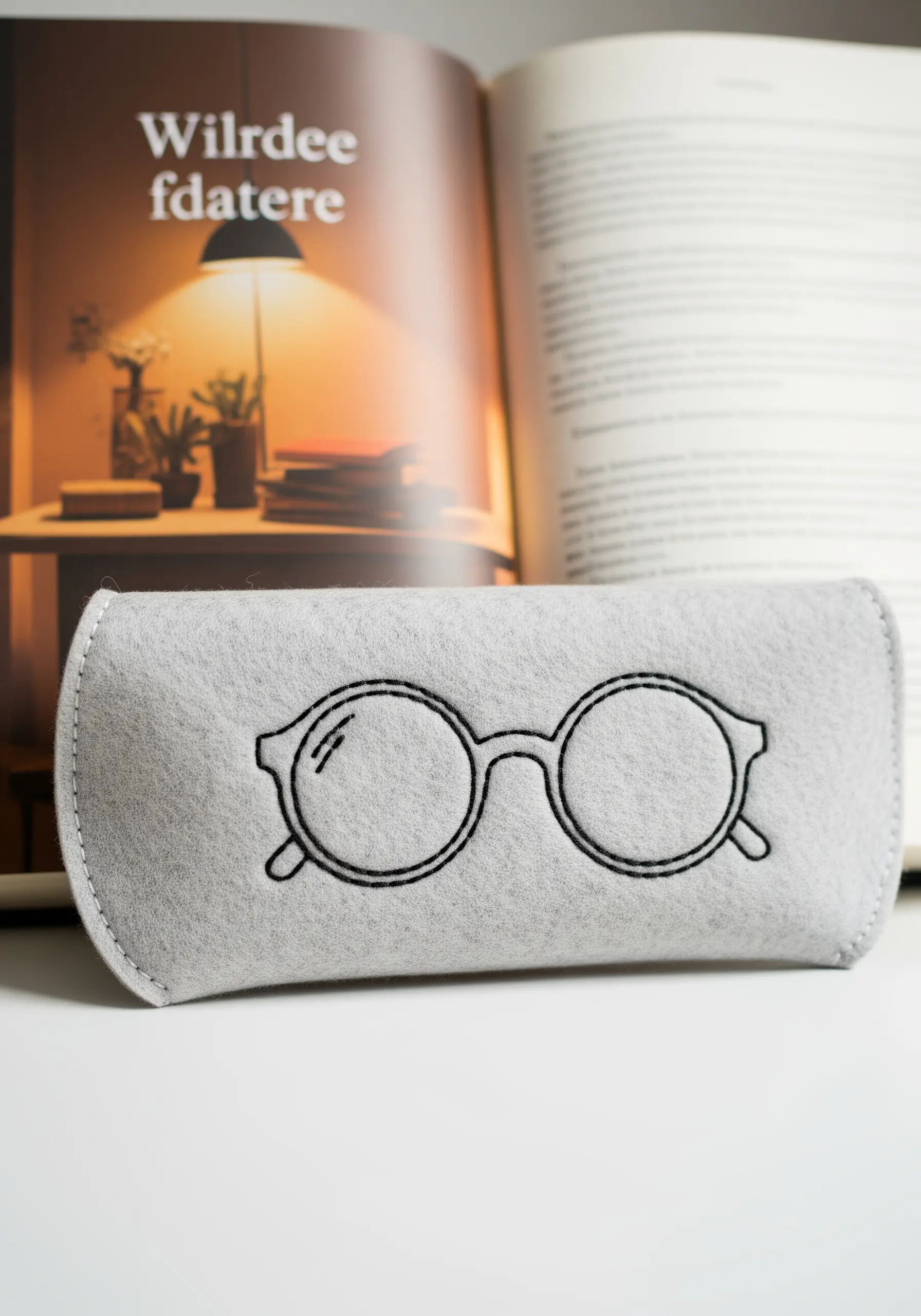 A simple black outline of round glasses embroidered on a gray felt case.