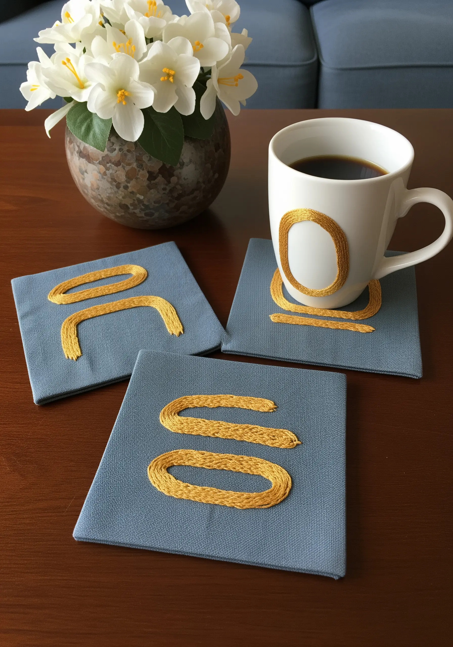 Blue coasters with minimalist abstract shapes in thick gold satin stitch.