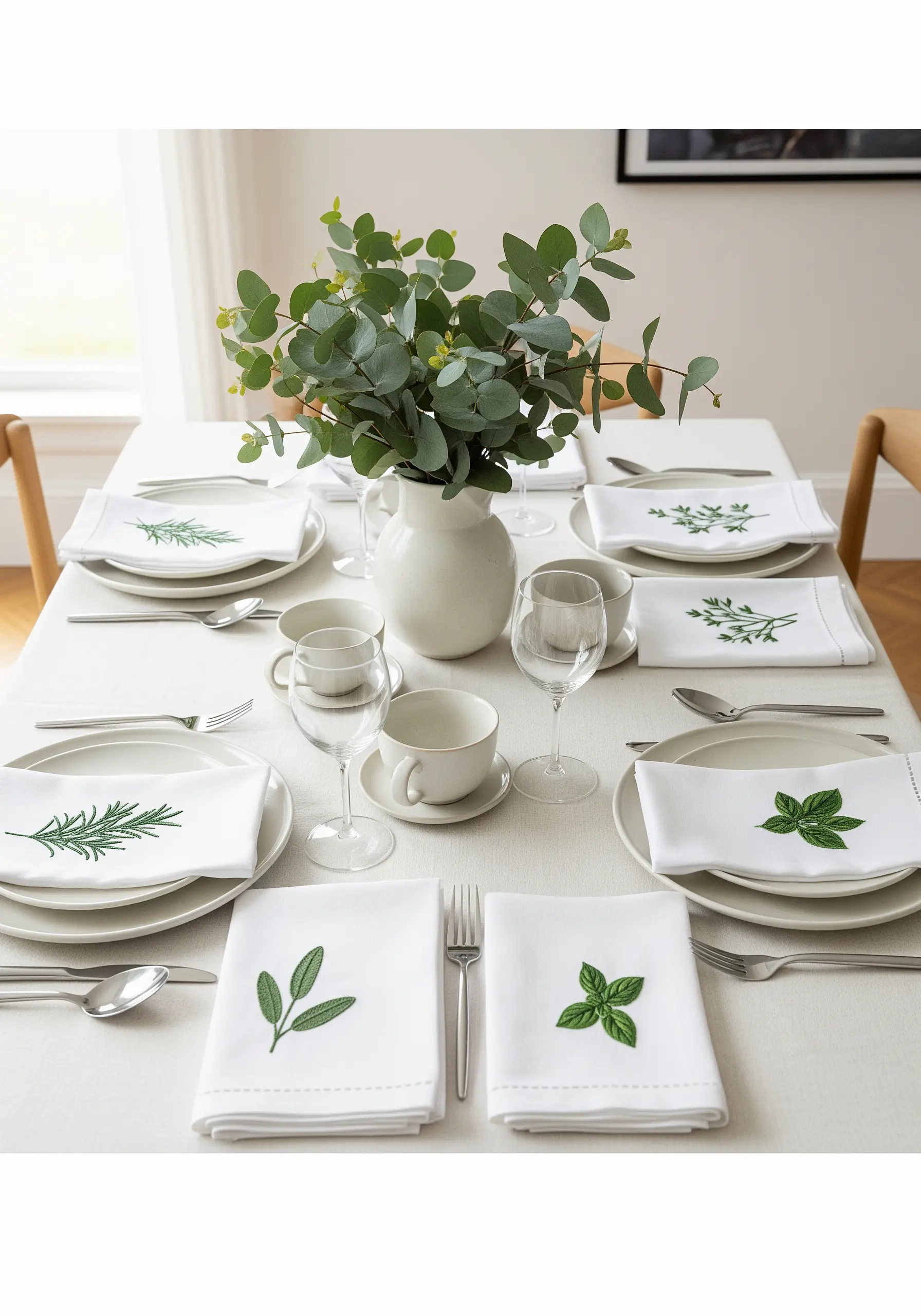 White linen napkins embroidered with single green herb motifs like rosemary and basil.