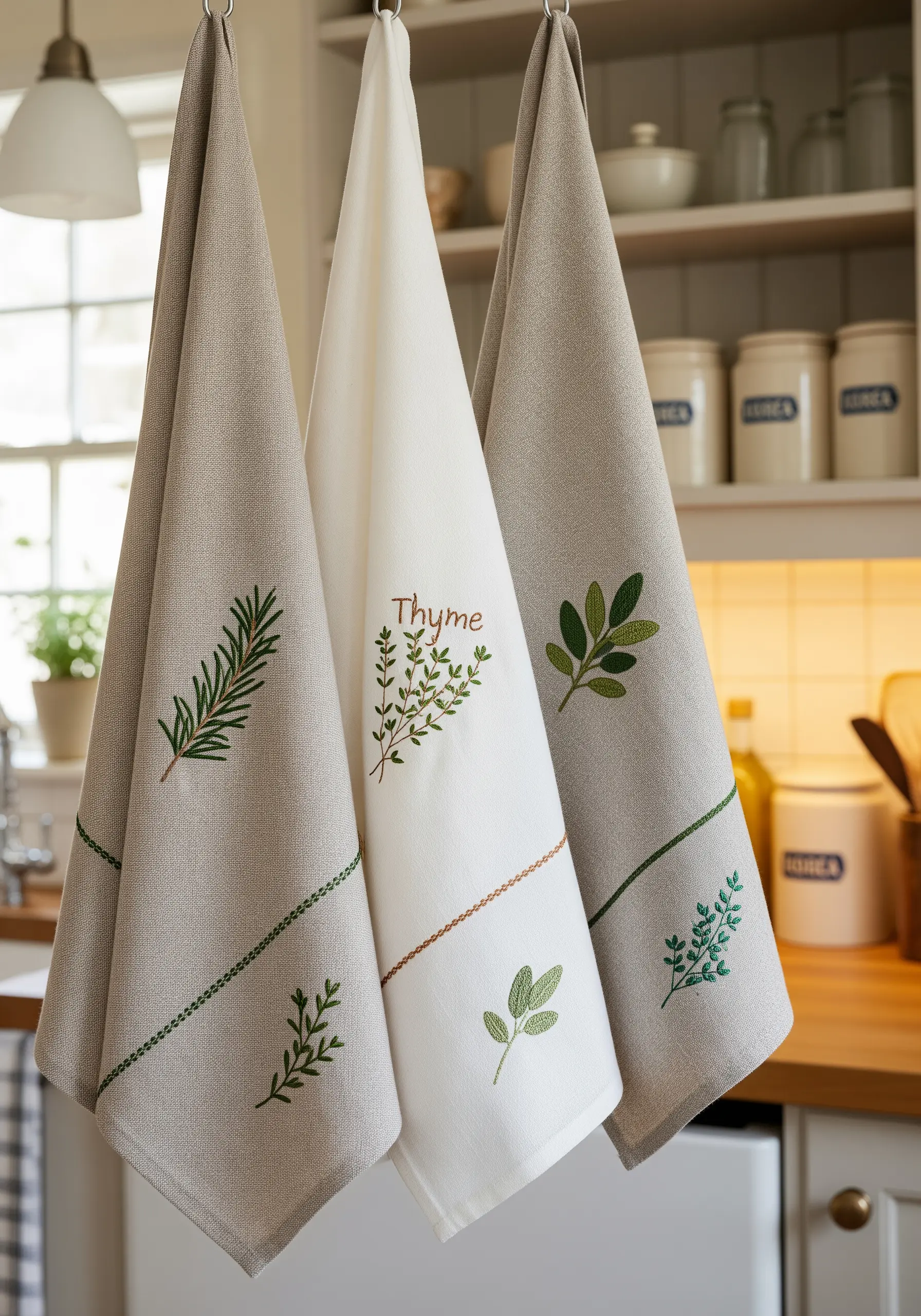 Embroidered herbs like rosemary and thyme on neutral-colored kitchen towels.