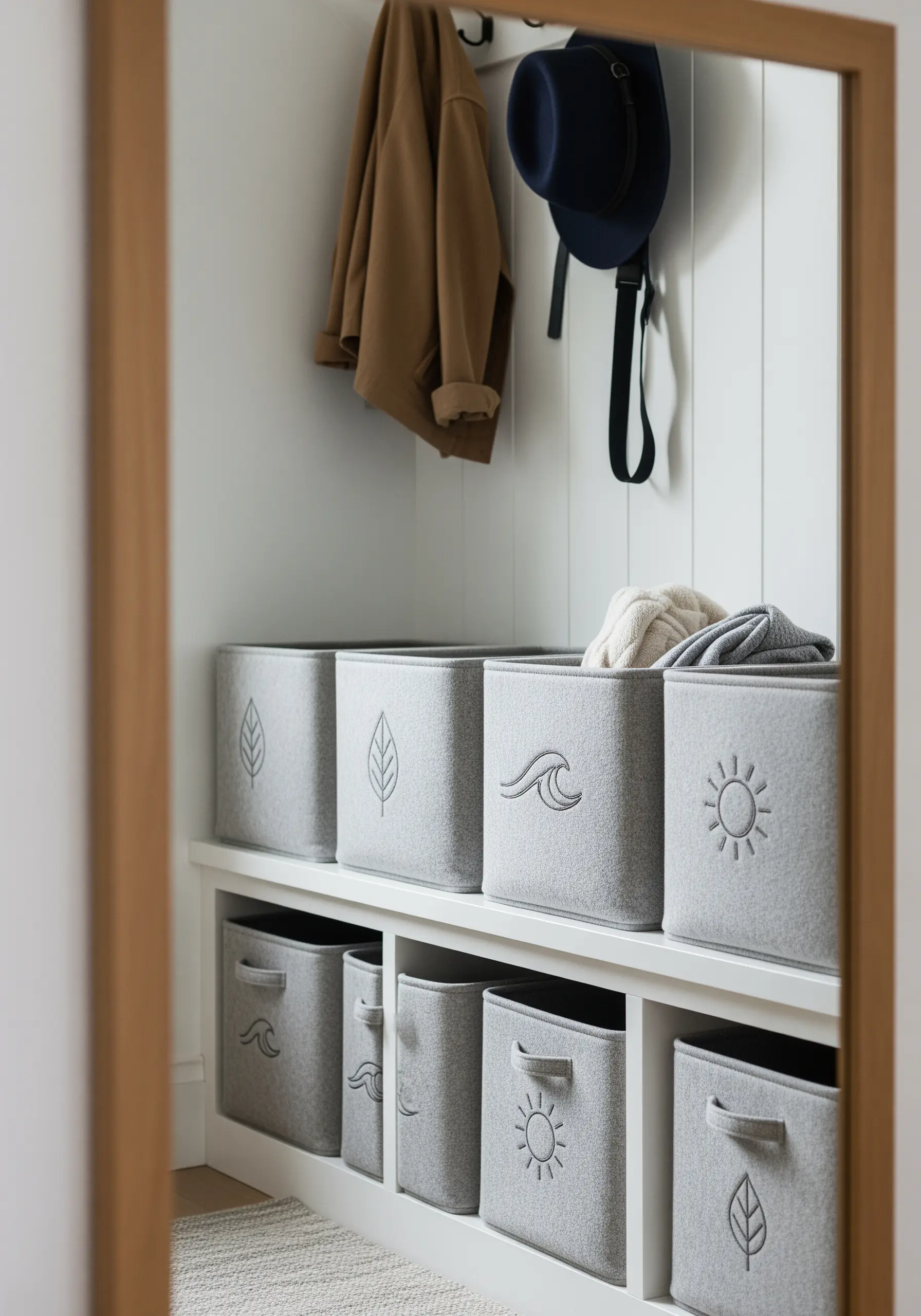 Simple, single-line nature icons embroidered tone-on-tone onto grey fabric storage bins.