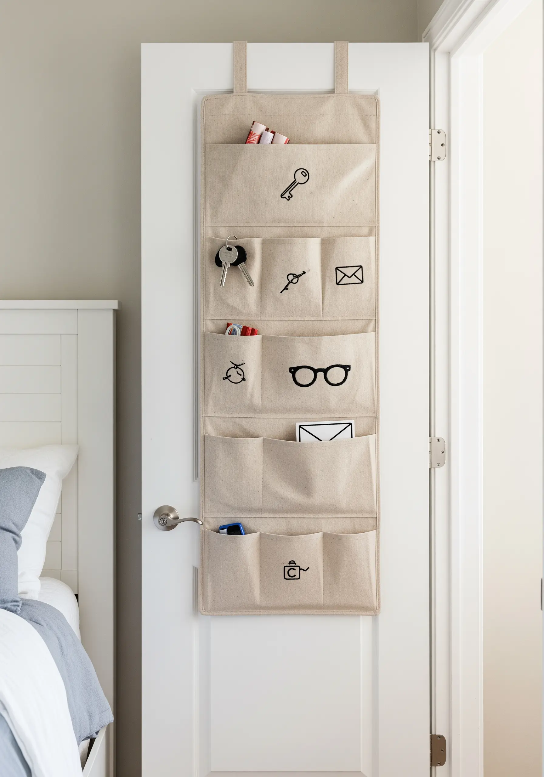 Black backstitched icons on the pockets of a hanging canvas door organizer.