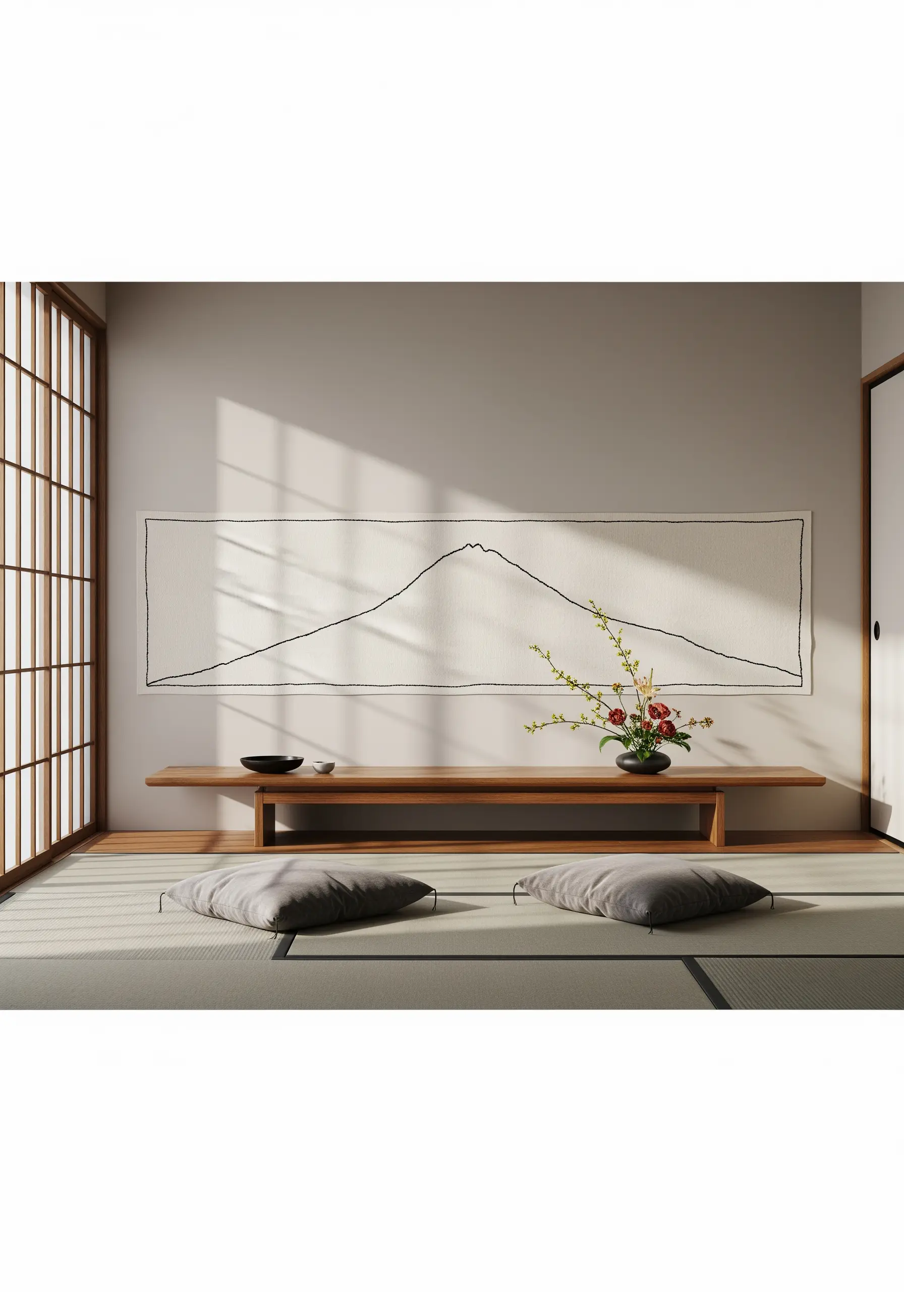 Minimalist black thread outline of a mountain on a long white textile panel.