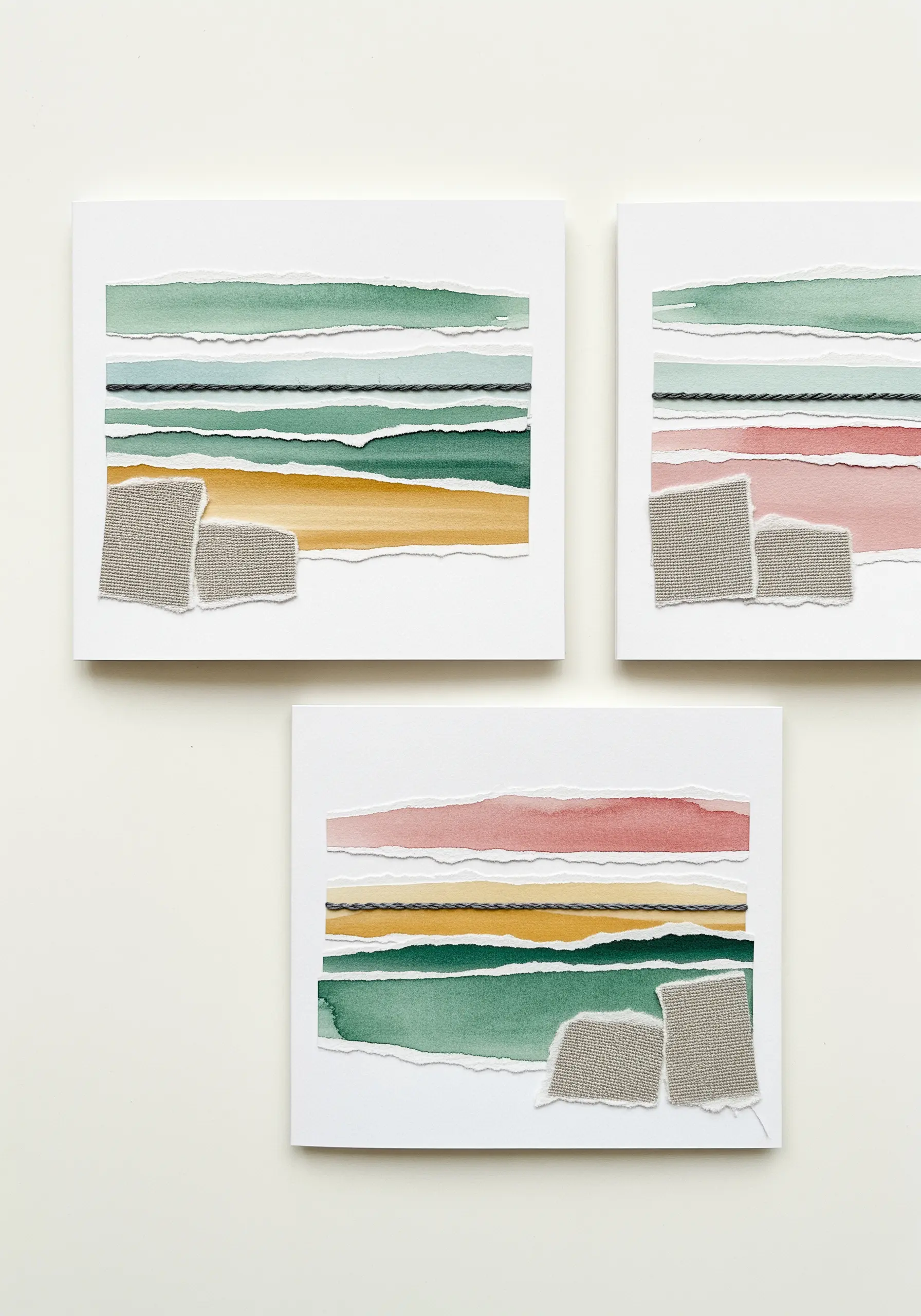 Triptych of abstract landscapes with torn paper, woven fabric, and straight thread lines.