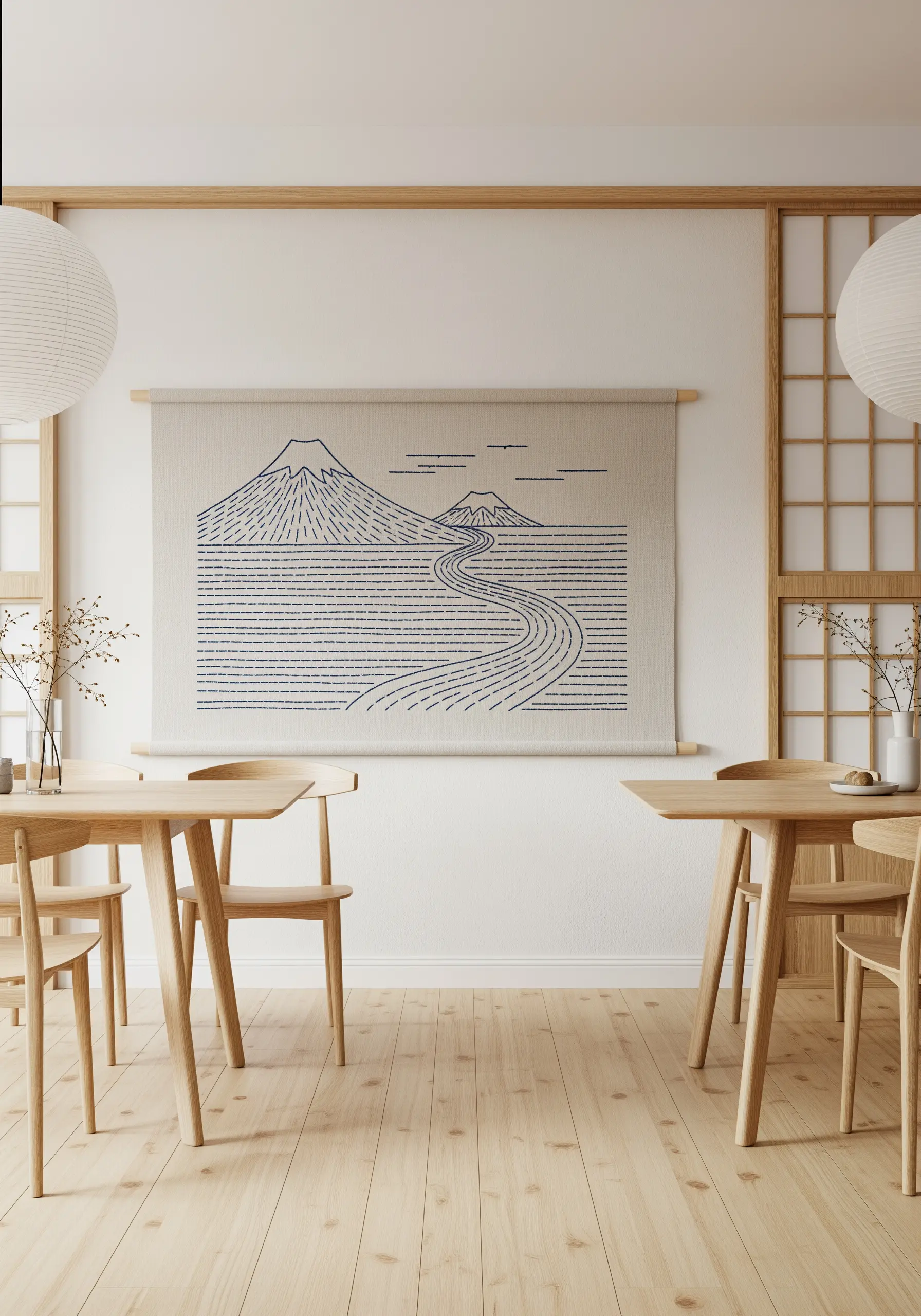 Minimalist mountain landscape in blue line work on a large linen wall hanging.