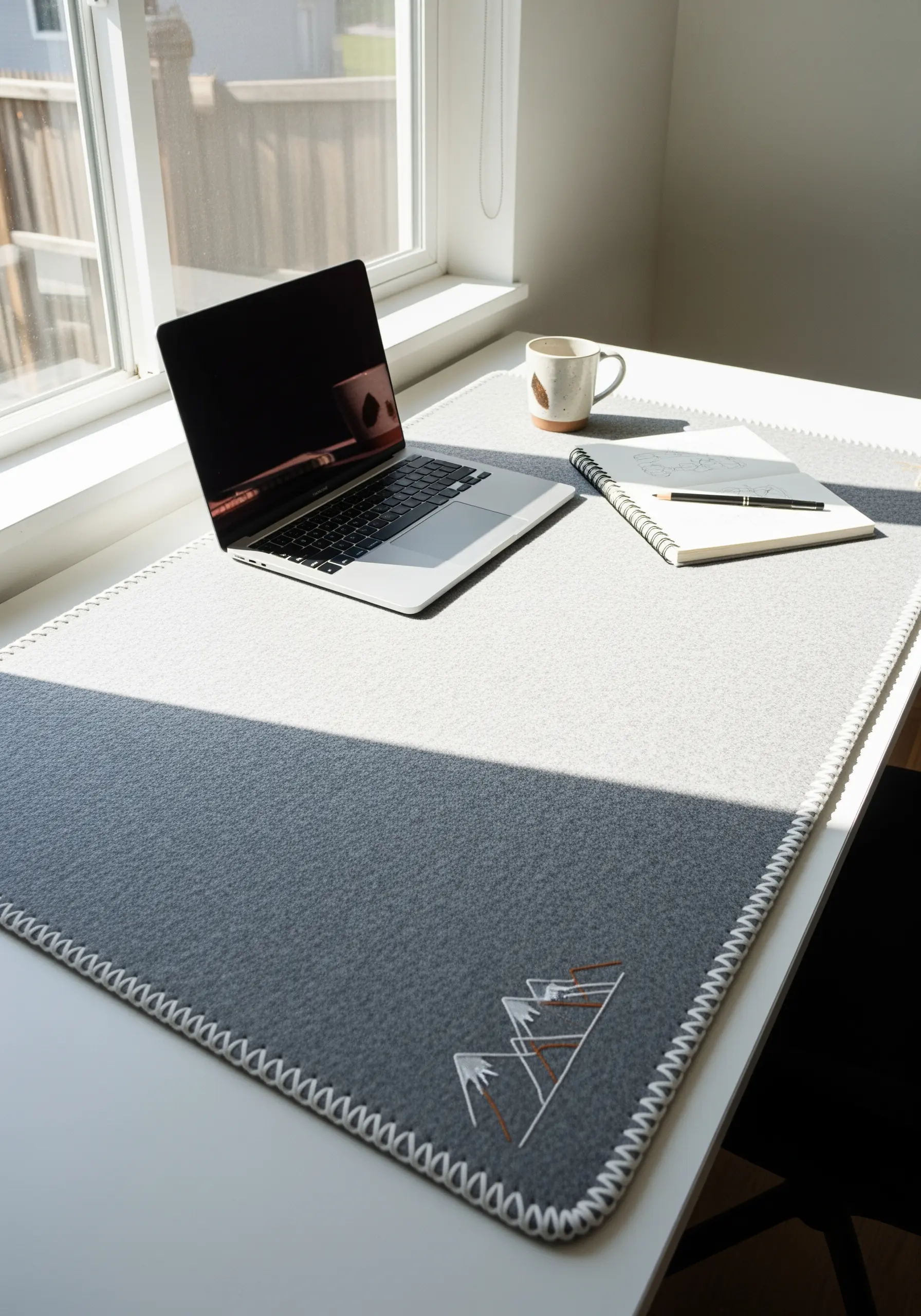 A large grey felt desk mat with a small embroidered mountain motif in one corner